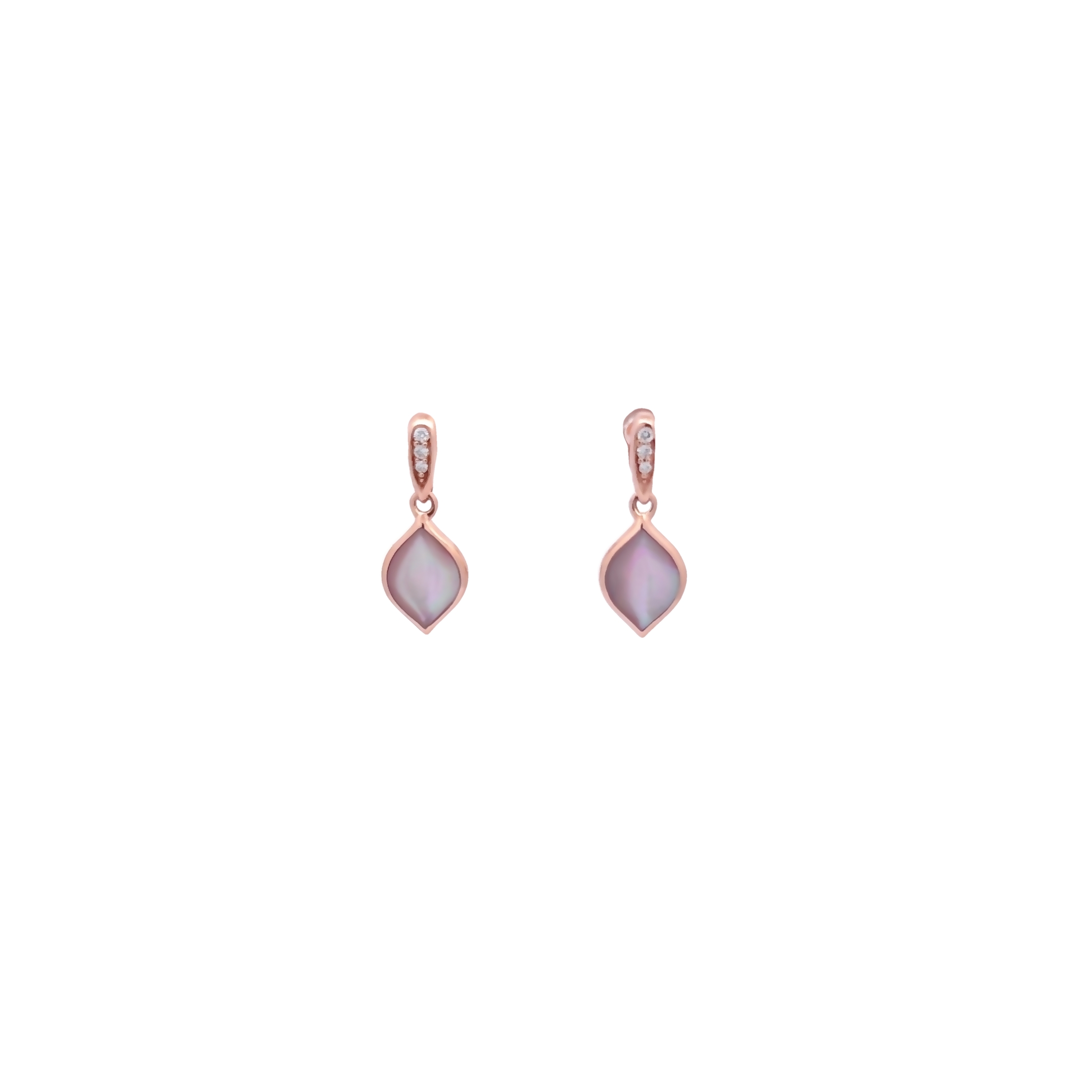 14 Karat rose gold earrings with 6=0.04 total weight round brilliant G VS Diamonds and pink Mother of Pearl inlay.