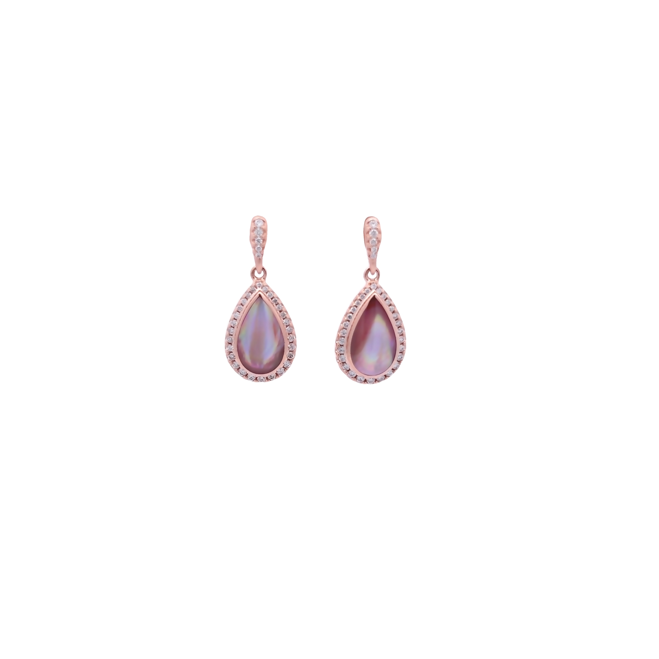14 Karat rose gold dangle earrings with 66=0.44 total weight round brilliant G VS Diamonds and pink Mother of Pearl inlay
