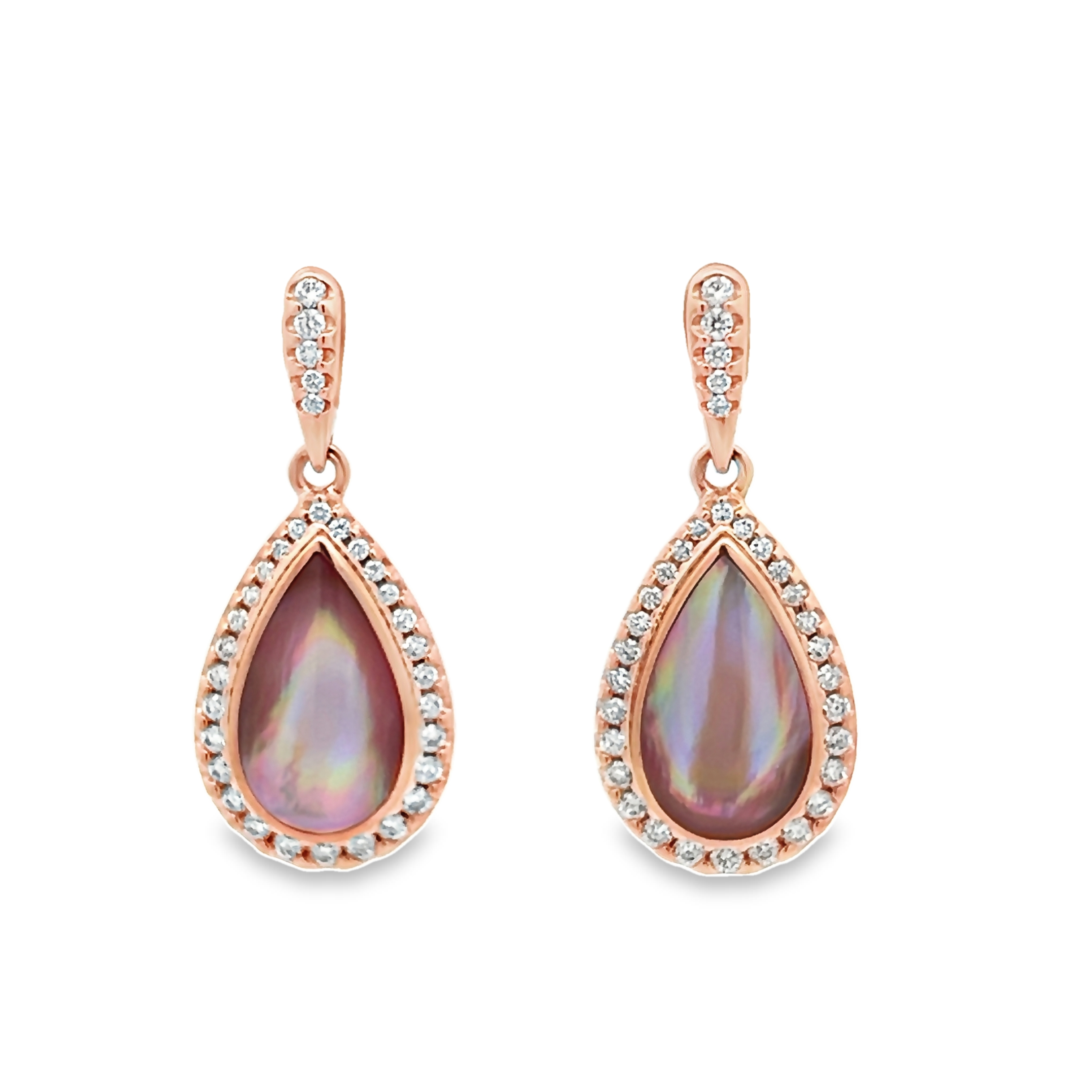 14k Rose Gold Pear Shaped Mother Of Pearl Earrings With Halo