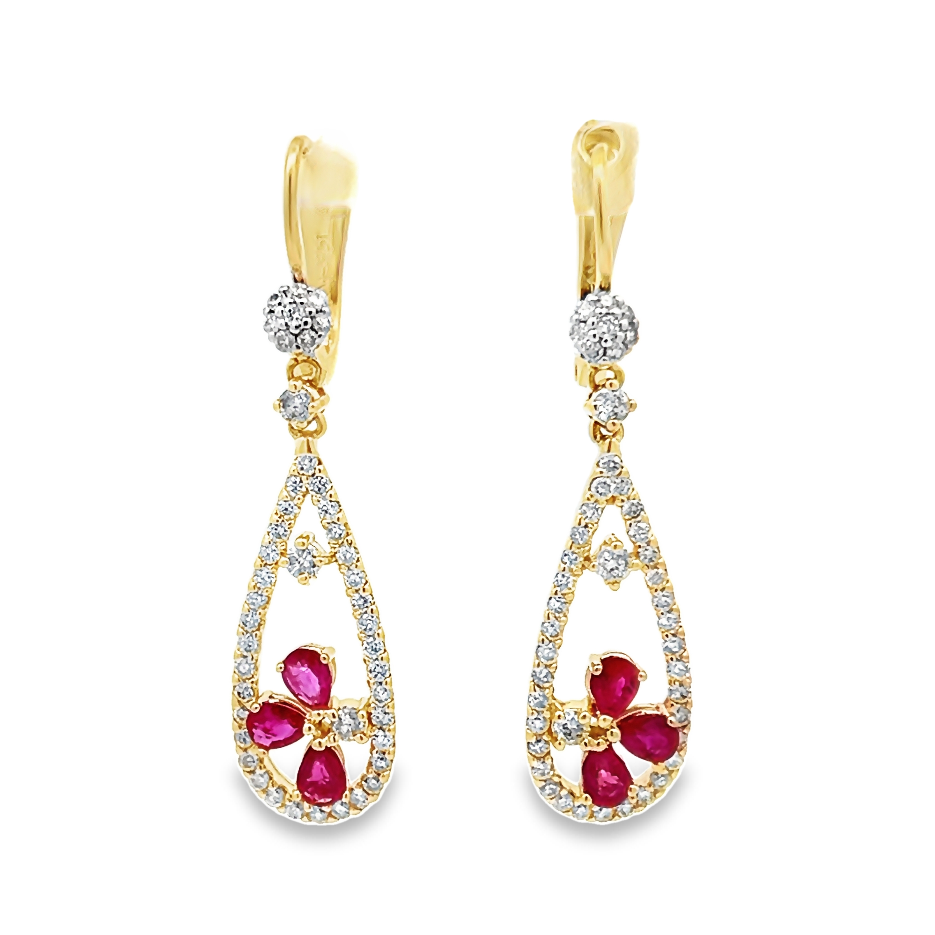 14 Karat Yellow Gold Earrings With 6=1.20 Total Weight Pear Mixed Cut Rubys And 90=0.96 Total Weight Round Brilliant G Si Diamonds