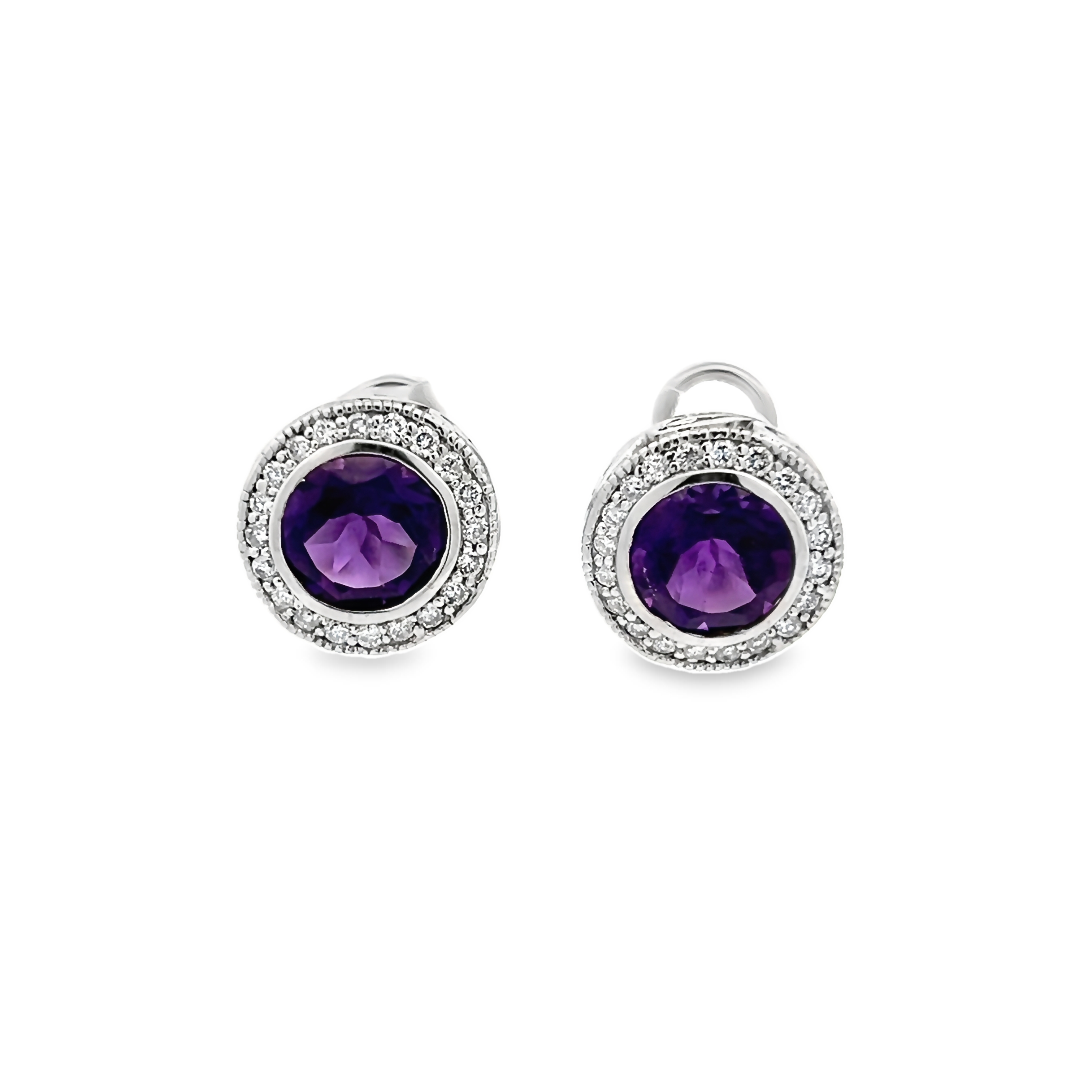 14 Karat White Gold Clip On Earrings With Two= 3.80 Total Weight Round Mixed Cut Amethysts And 40=0.50 Total Weight Round Brilliant G Vs Diamonds