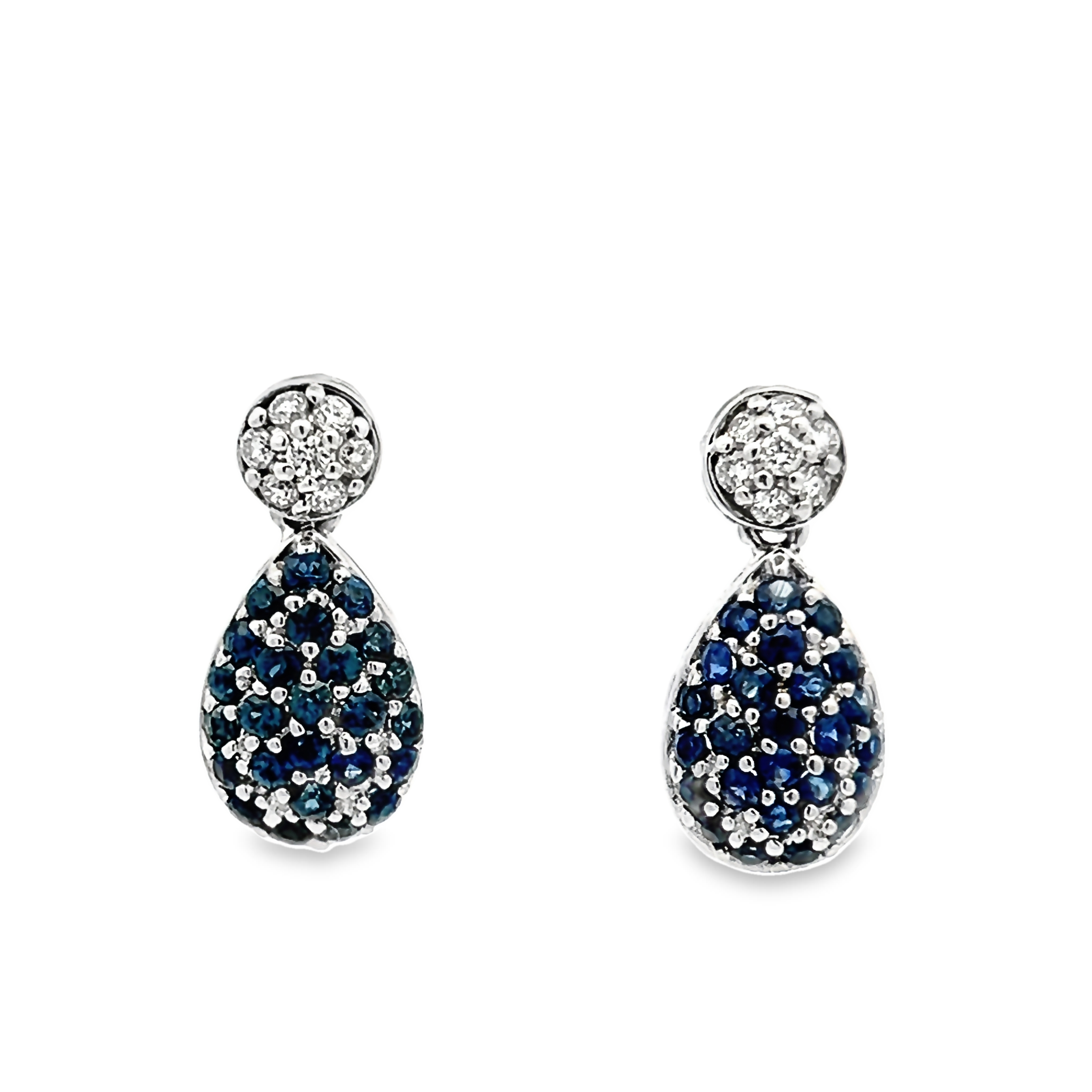 14 Karat White Gold Earrings With 50=1.30 Total Weight Round Mixed Cut Sapphires And 14=0.20 Total Weight Round Brilliant G Vs Diamonds