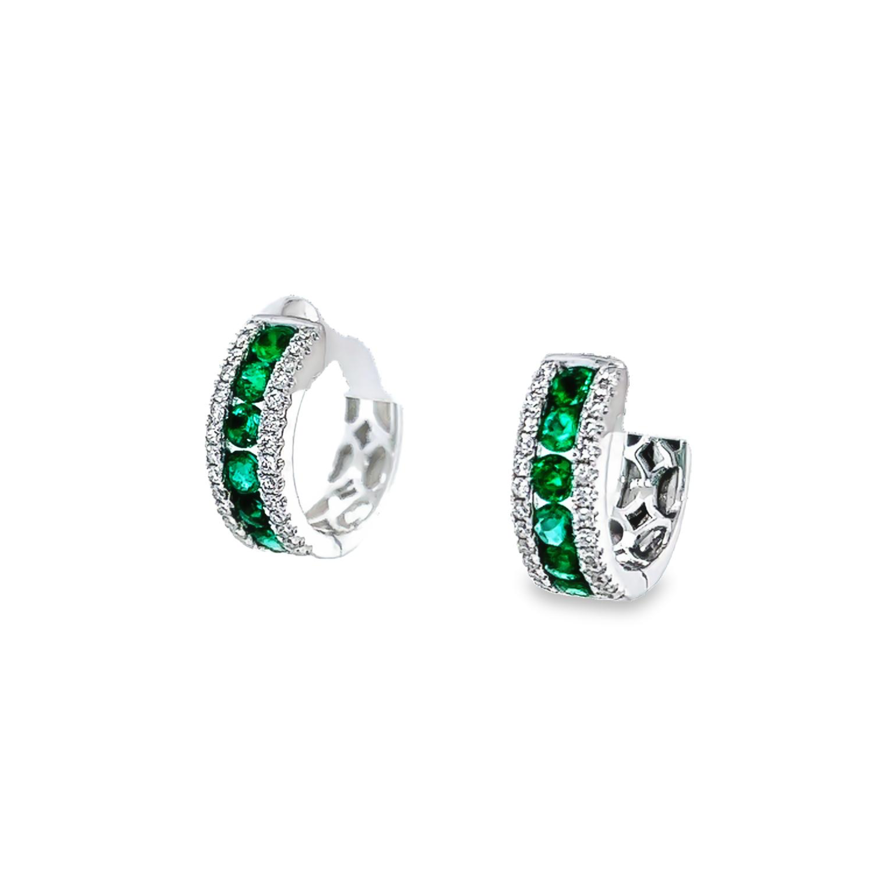 14 Karat White Gold Earrings With 12=0.68 Total Weight Round Mixed Cut Emeralds And 56=0.24 Total Weight Round Brilliant G Vs Diamonds