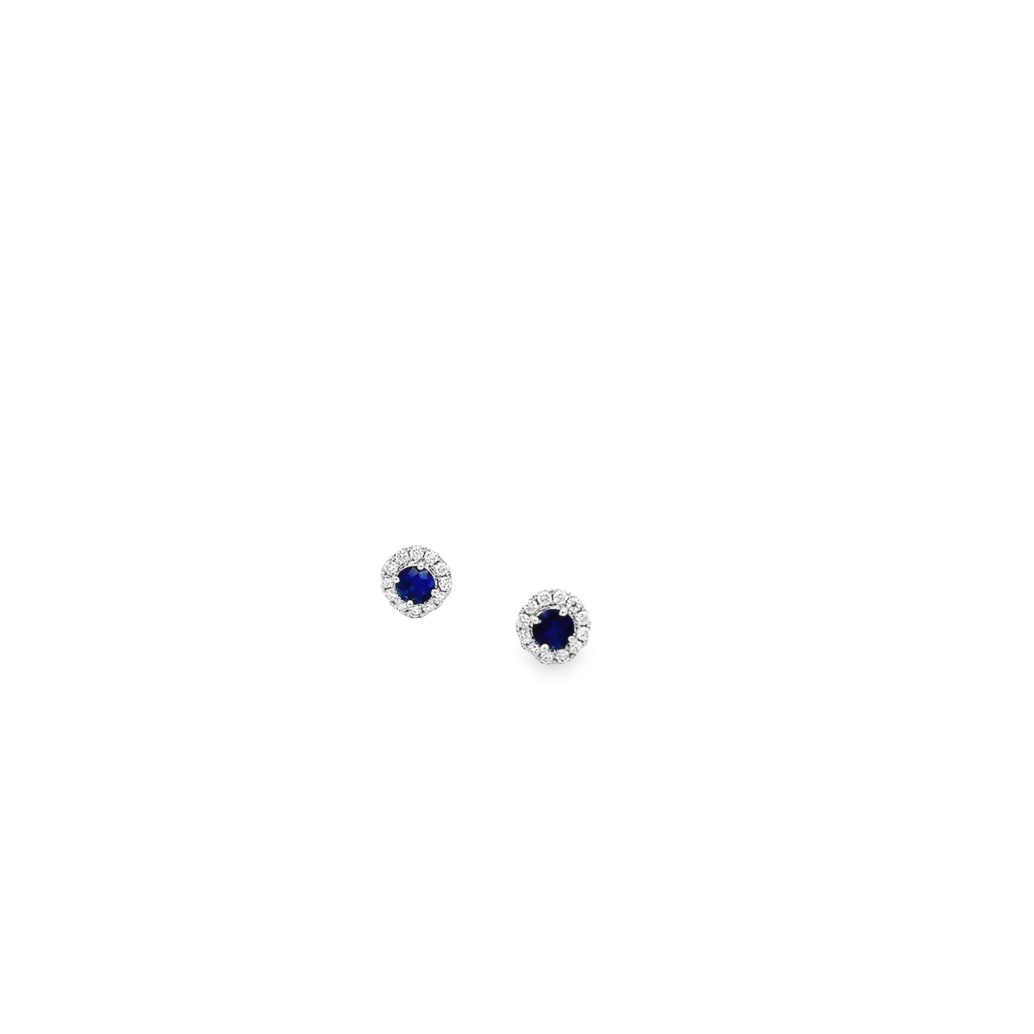 14 karat white gold halo earrings with 2=0.55 total weight round mixed cut Sapphires and 24=0.23 total weight round brilliant G VS Diamonds