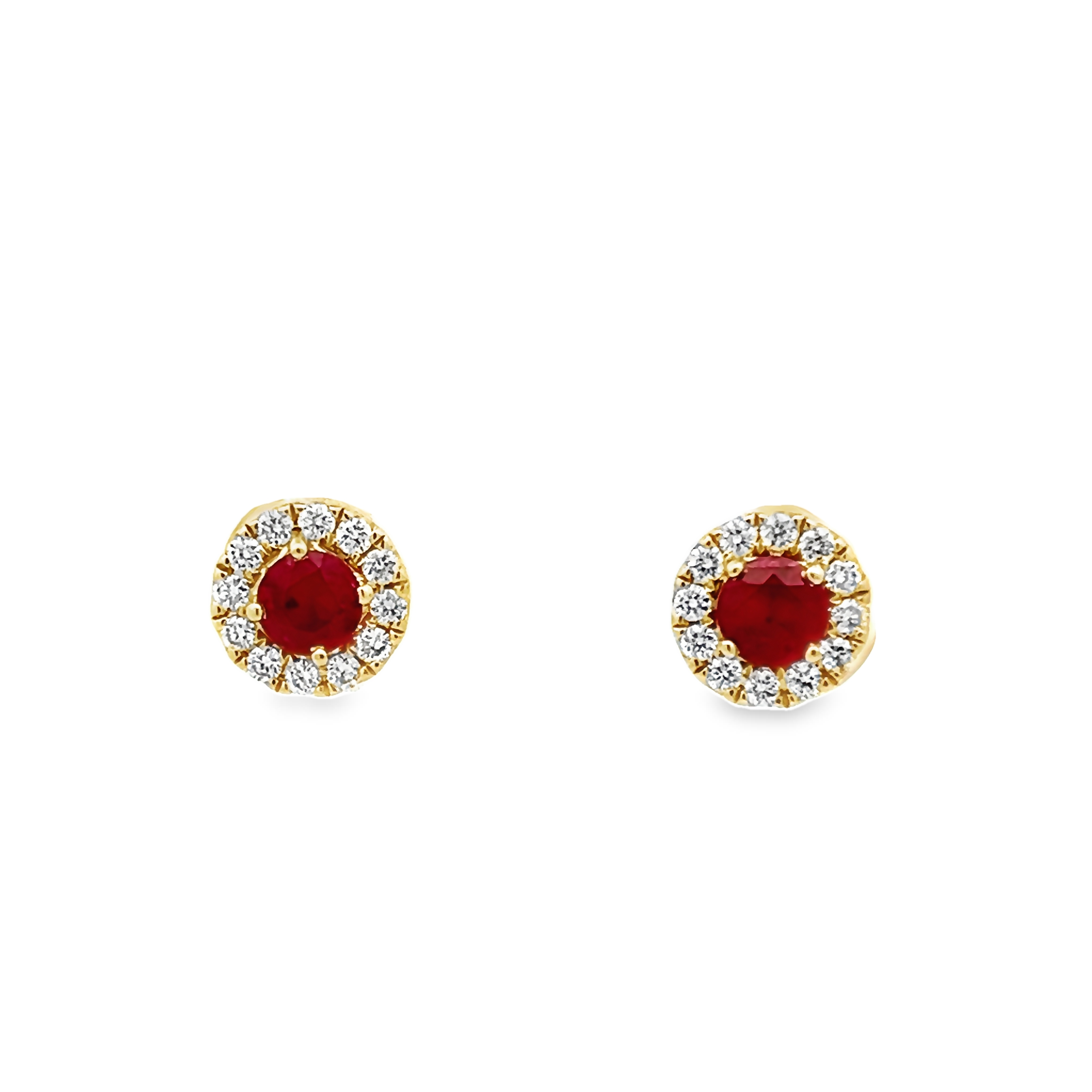 14 Karat Yellow Gold Halo Stud Earrings With 2=0.55 Total Weight Round Mixed Cut Rubys And 24=0.23 Total Weight Round Brilliant G Vs Diamonds