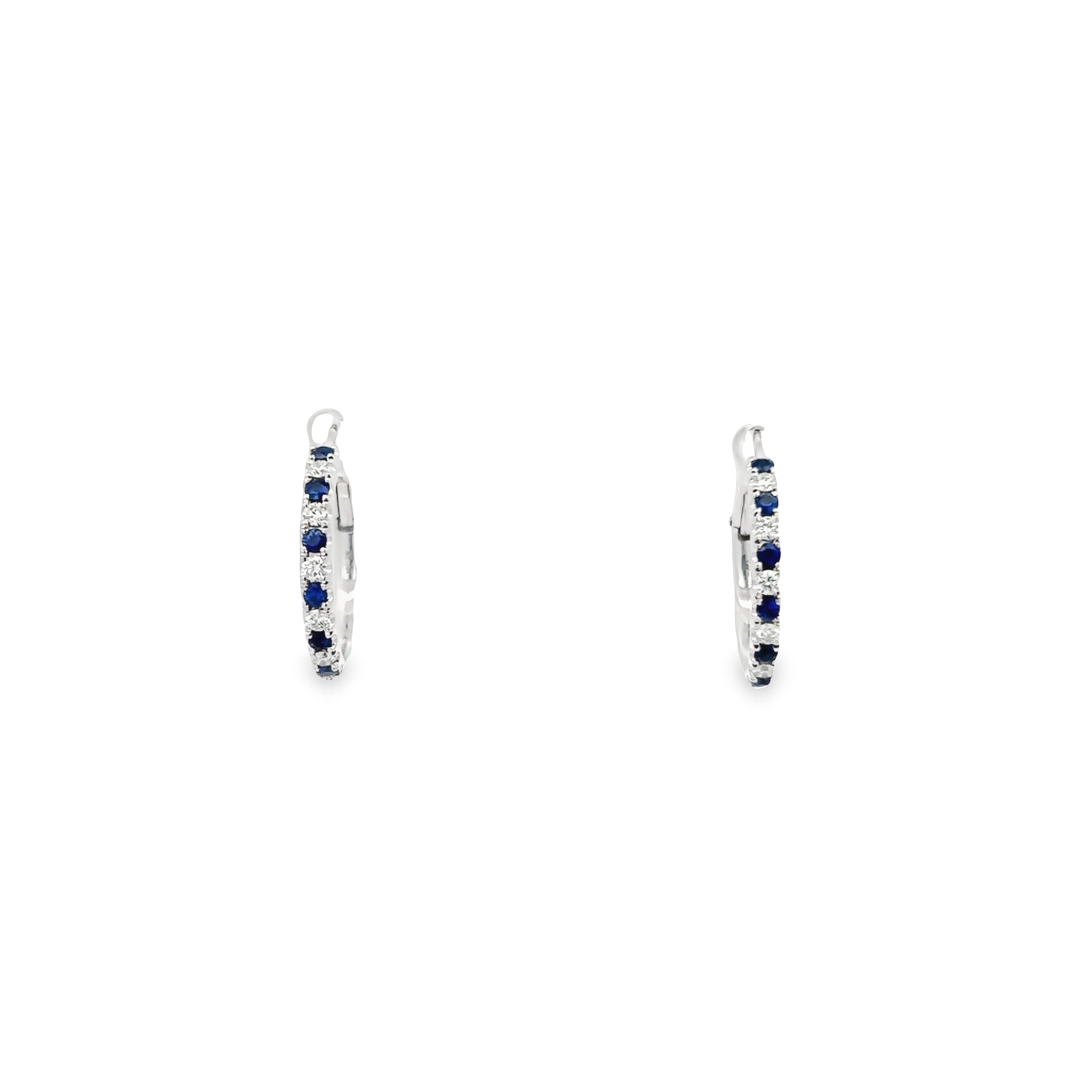 14 karat white gold small hoop earrings with 12=0.40 total weight round mixed cut Sapphires and 12=0.45 total weight round brilliant G VS Diamonds