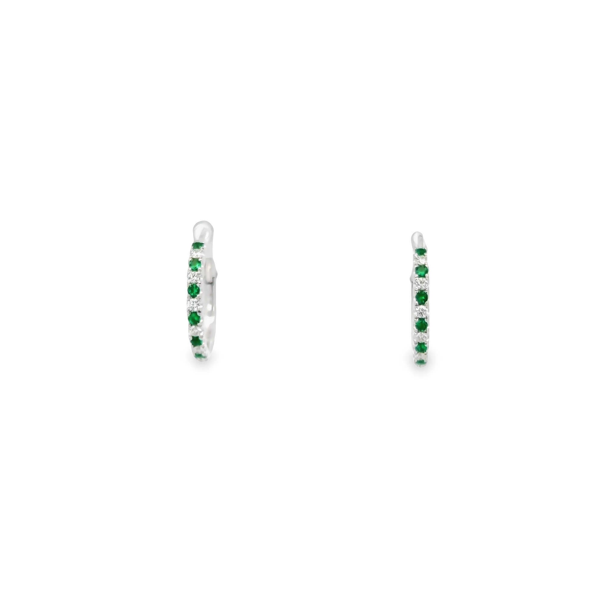 14 Karat White Gold Small Hoop Earrings With 12=0.35 Total Weight Round Mixed Cut Emeralds And 12=0.39 Total Weight Round Brilliant G Vs Diamonds