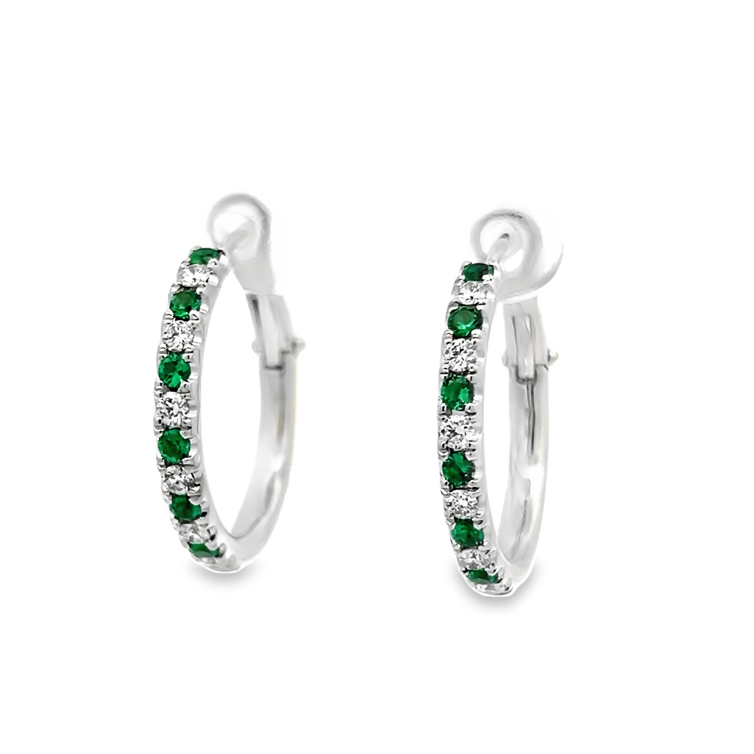 14k White Gold Emerald And Diamond Hoop Earrings