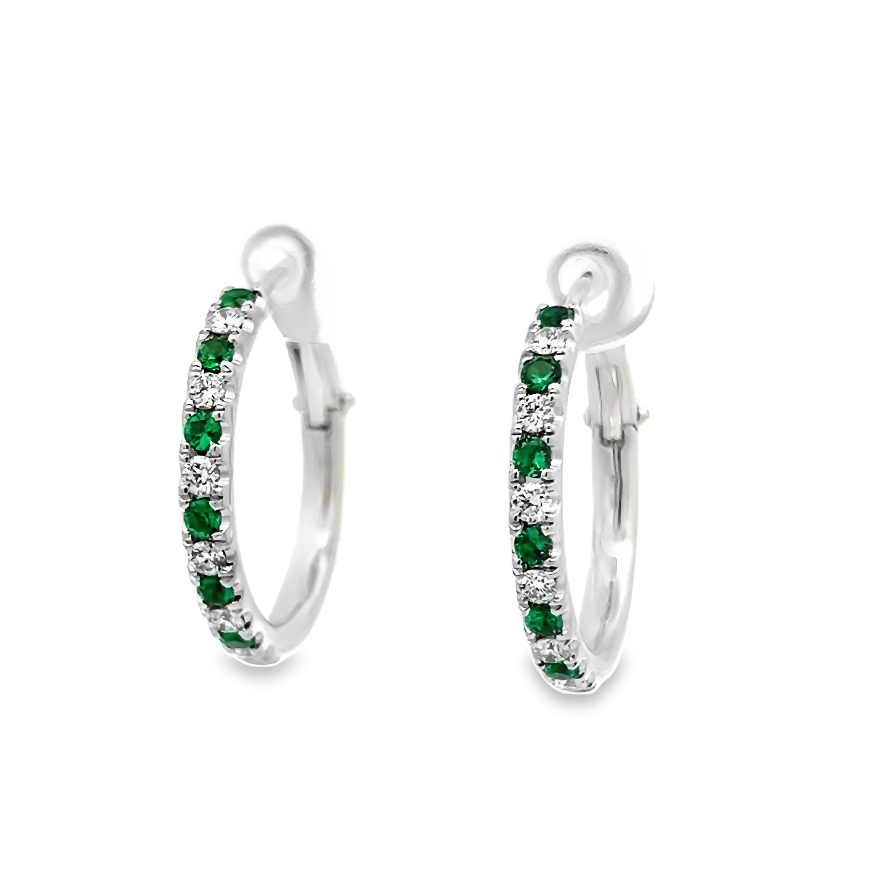 14 Karat White Gold Small Hoop Earrings With 12=0.35 Total Weight Round Mixed Cut Emeralds And 12=0.39 Total Weight Round Brilliant G Vs Diamonds