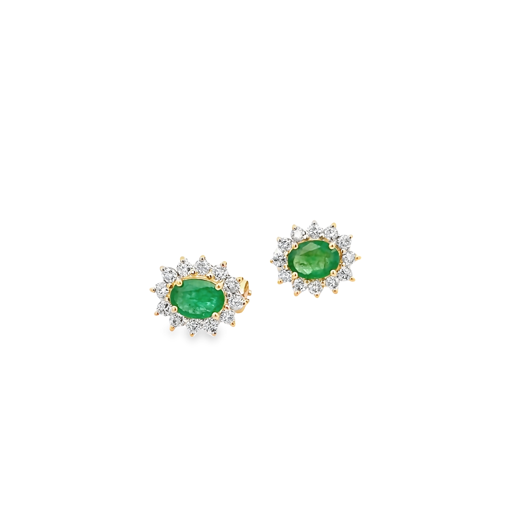 14k Yellow Gold Emerald Halo Stud Earrings