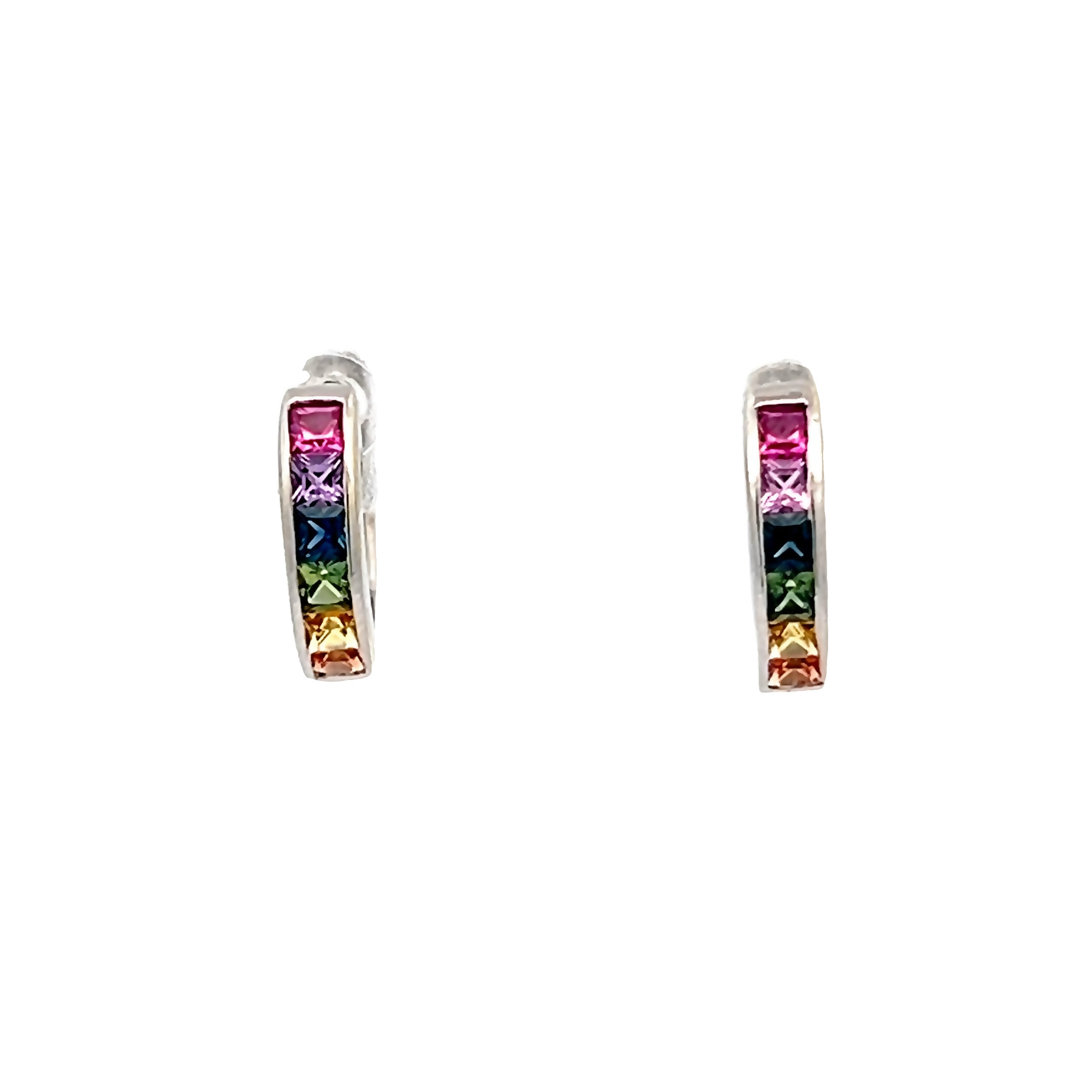 14k White Gold Multi-colored Sapphire Hoop Earrings