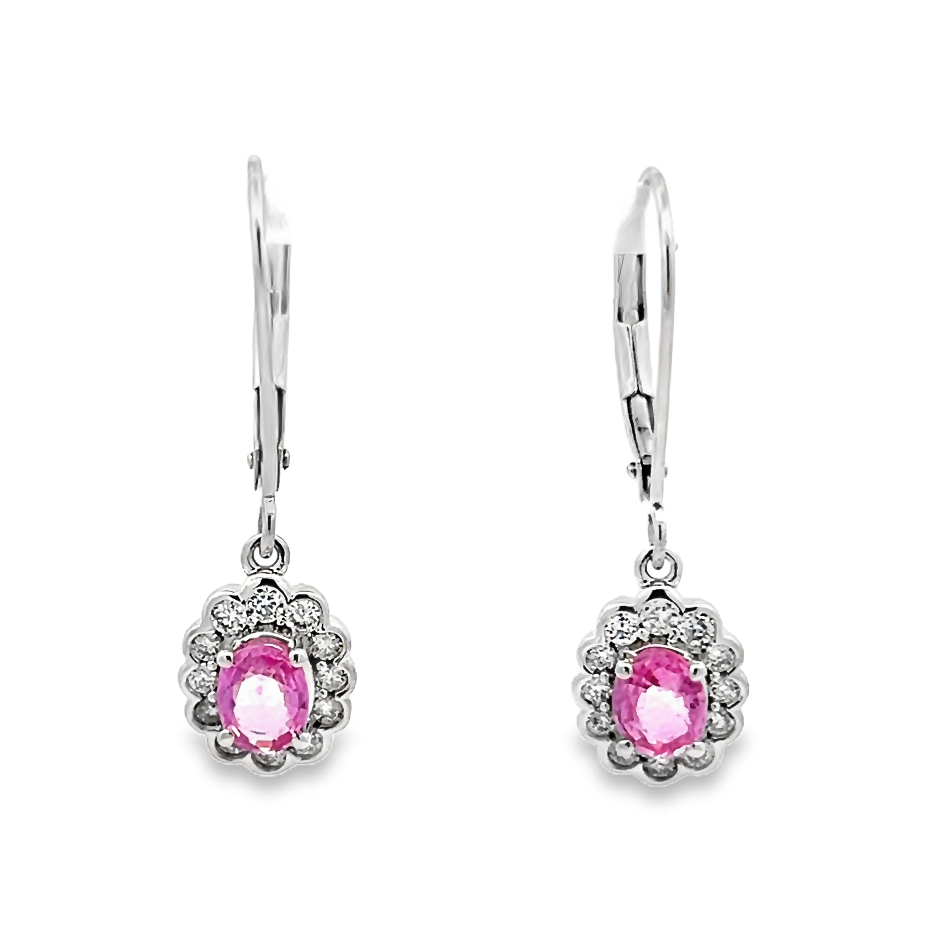 14k White Gold Oval Sapphire Halo Dangle Earrings