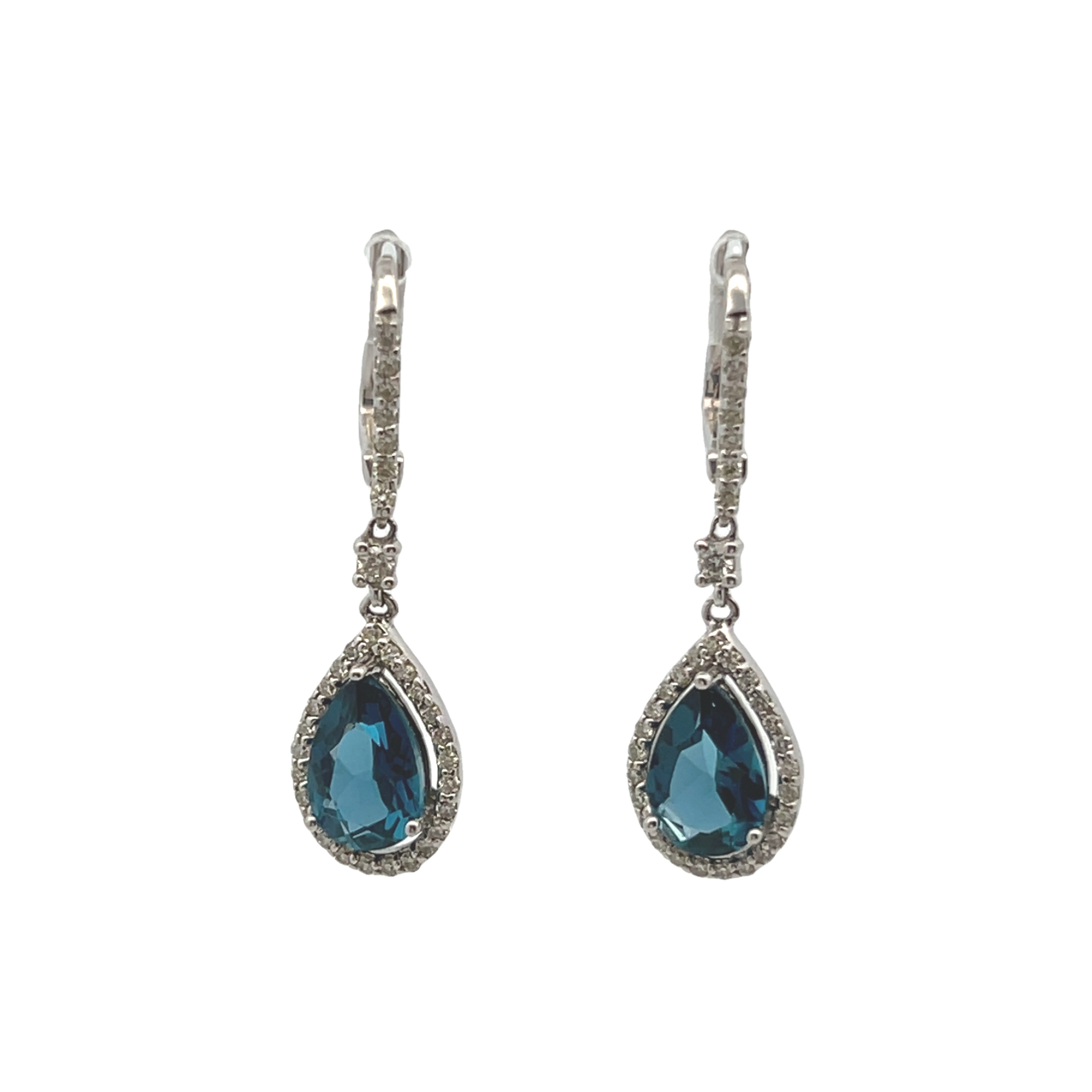 14k White Gold Blue Topaz And Diamond Drop Earrings