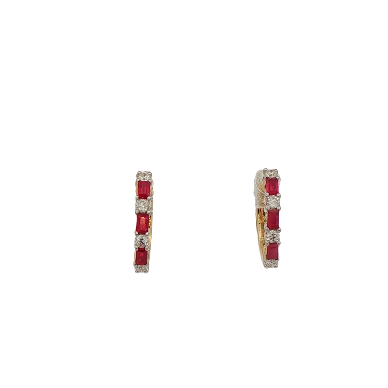 14k Yellow Gold Ruby And Diamond Huggie Earrings