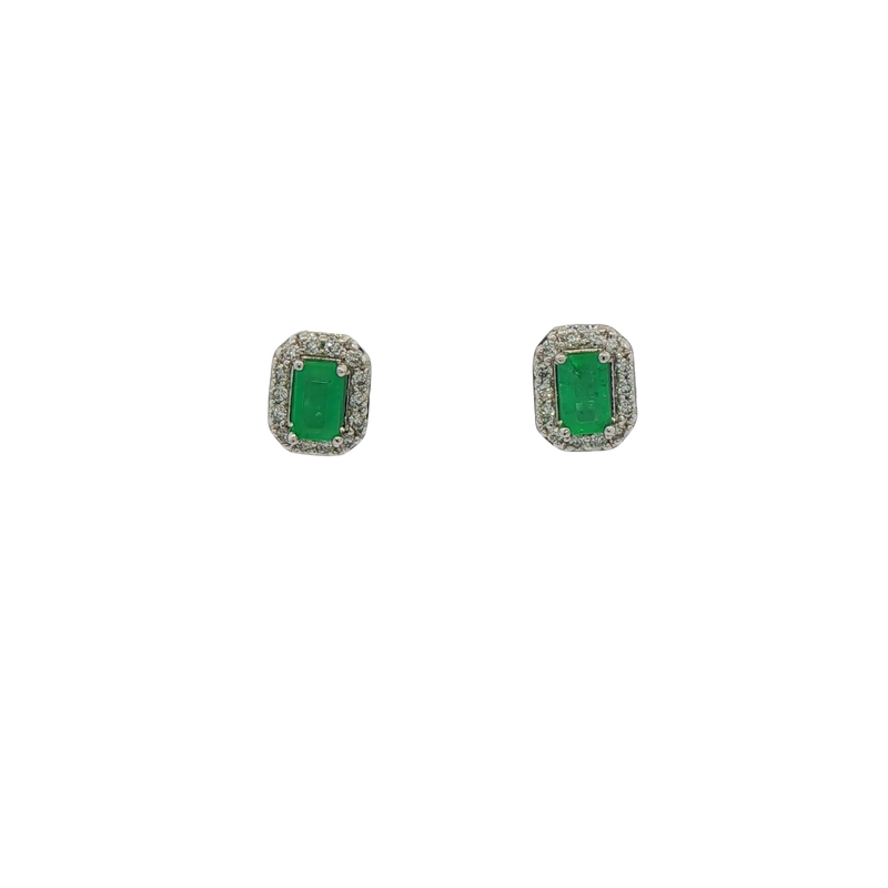 14k White Gold Emerald And Diamond Stud Earrings