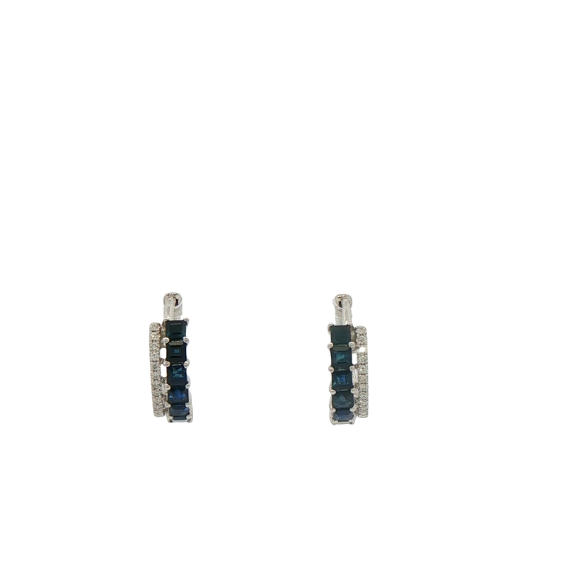14k White Gold Sapphire And Diamond Huggie Earrings