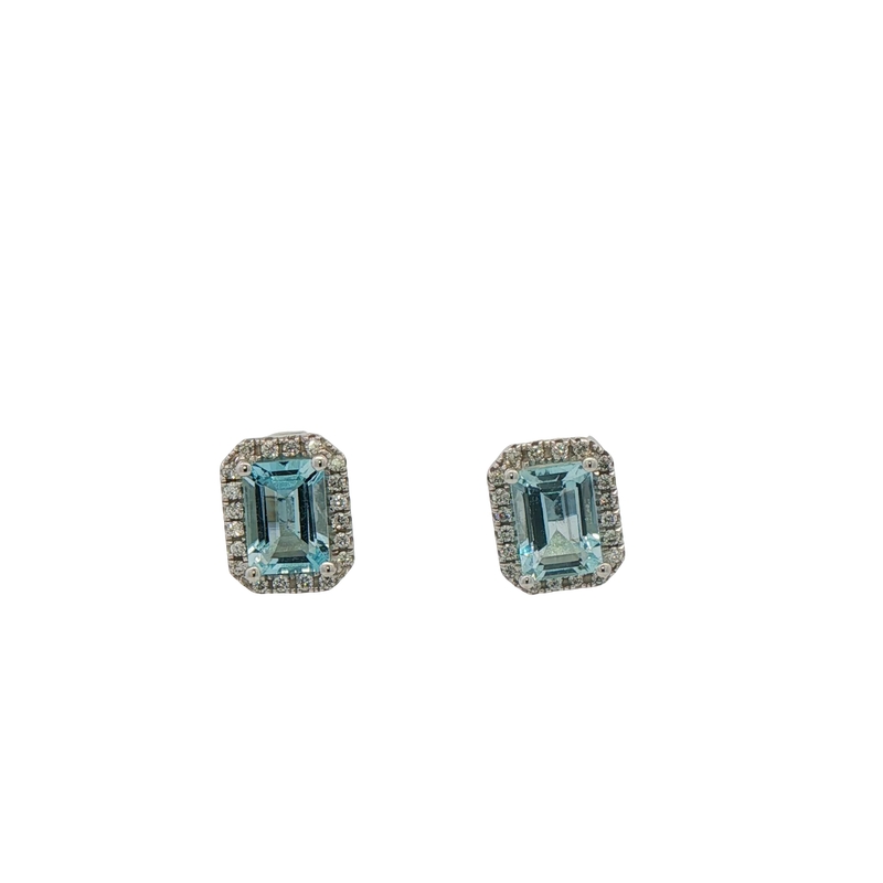 14k White Gold Aquamarine And Diamond Stud Earrings
