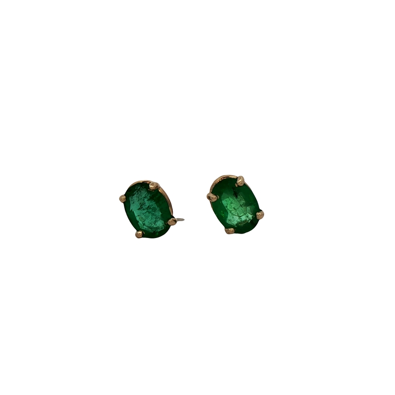 14k Yellow Gold Oval Emerald Stud Earrings