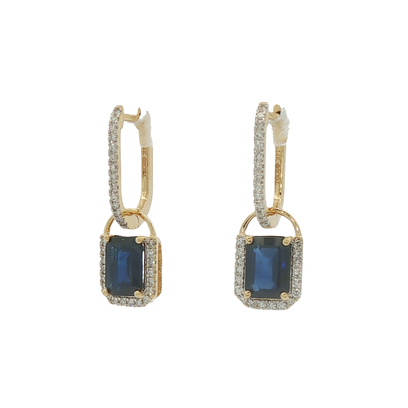 14k Yellow Gold Sapphire And Diamond Dangle Hoop Earrings