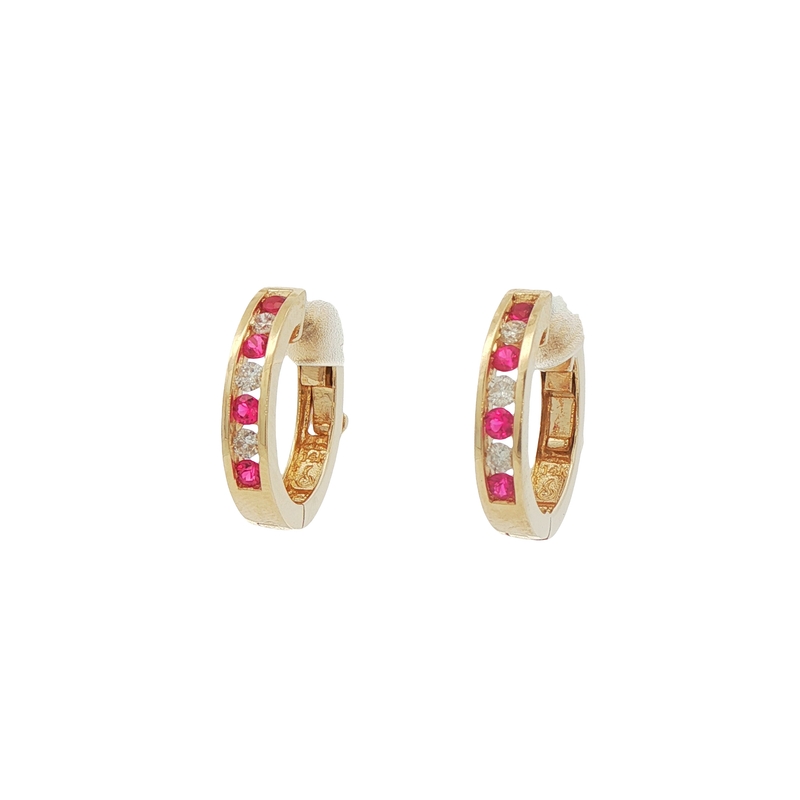 14k Yellow Gold Diamond And Ruby Hoop Earrings
