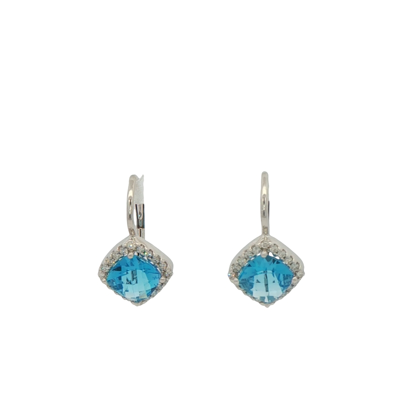 14k White Gold Blue Topaz And Diamond Earrings