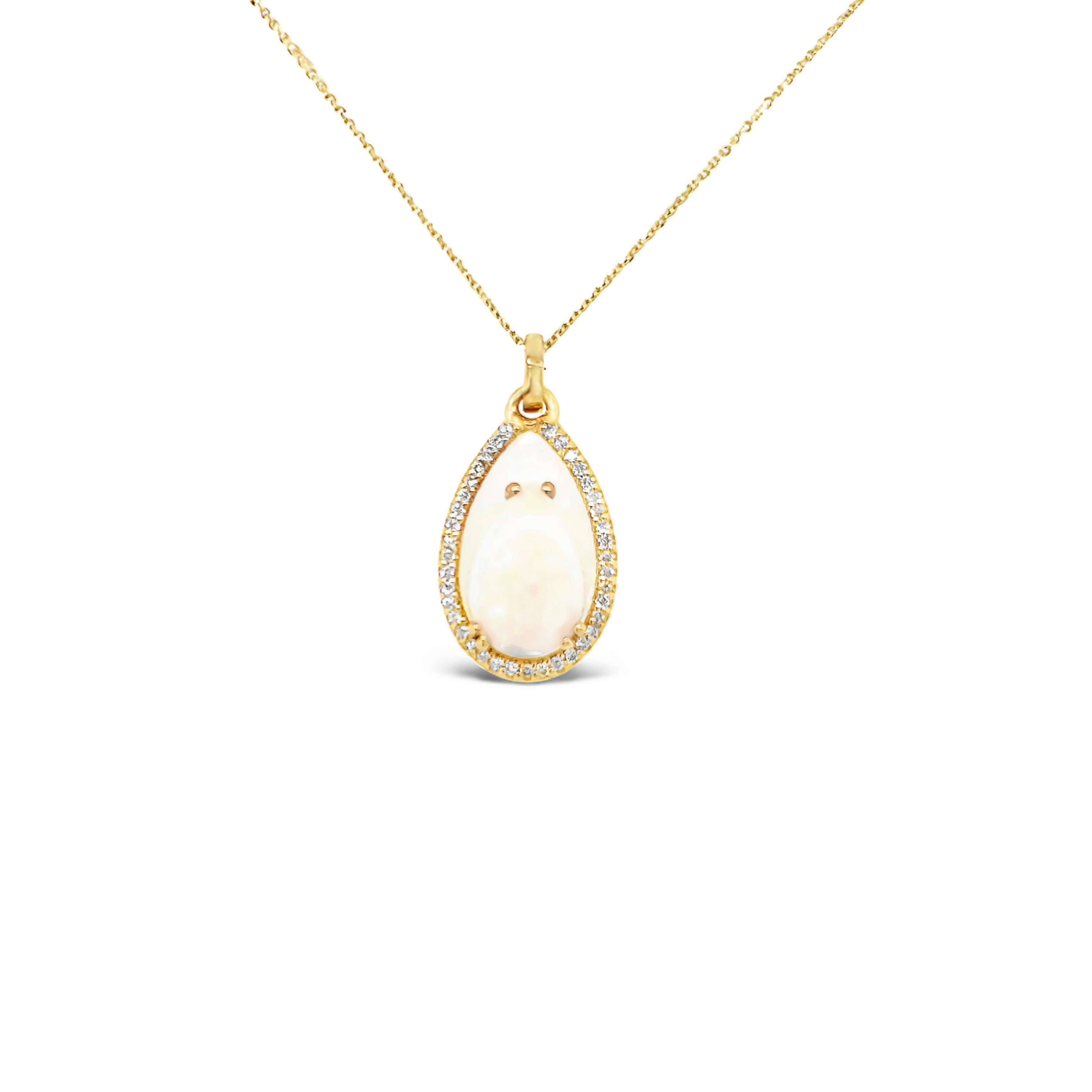 Yellow 14 Karat Halo Pendant with 44=0.17tw Round Brilliant G VS Diamonds and   One 1.50ct Pear Opal