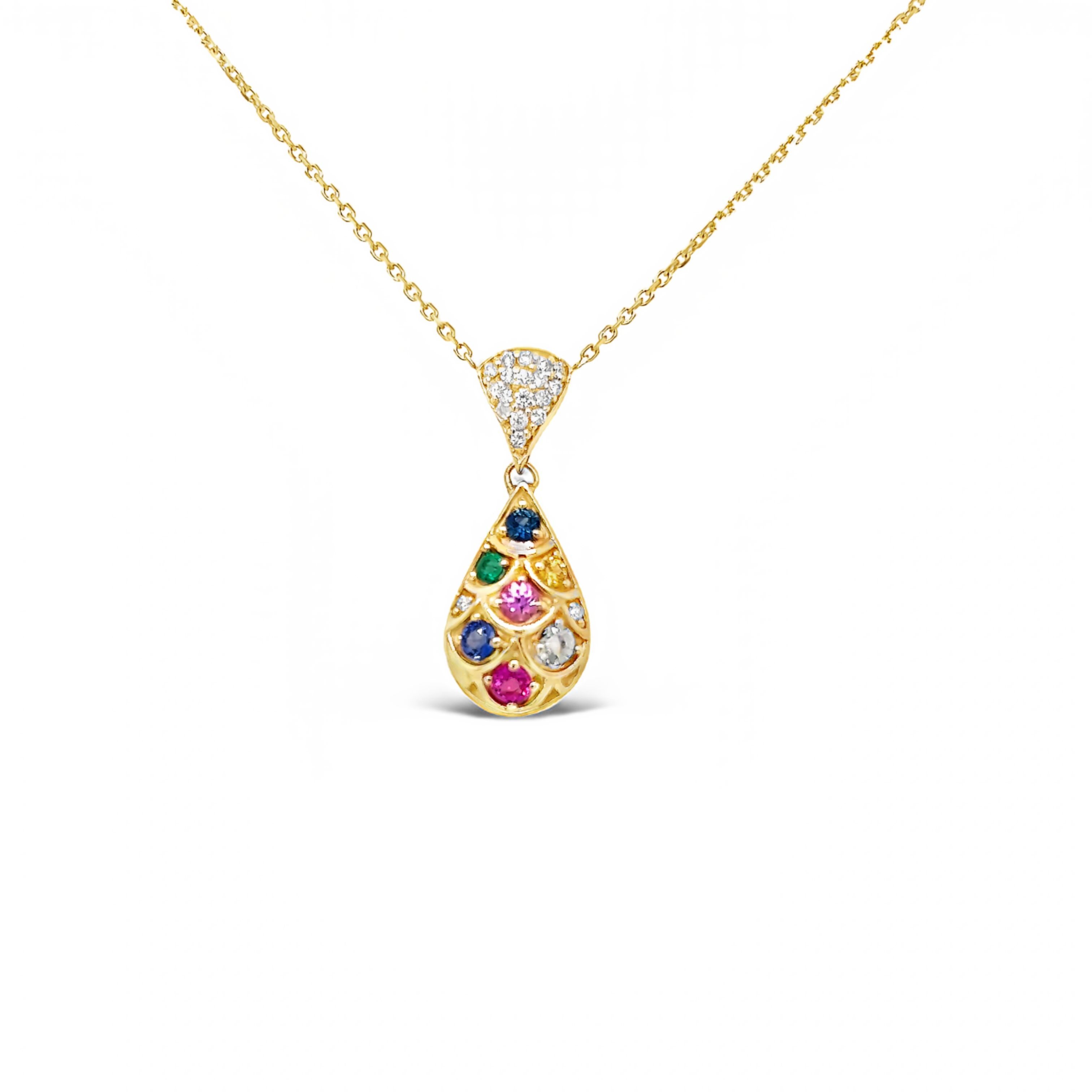 Yellow 14 Karat Drop Pendant with 19=0.11tw Round Brilliant G VS Diamonds and   7=0.90tw Round Sapphires