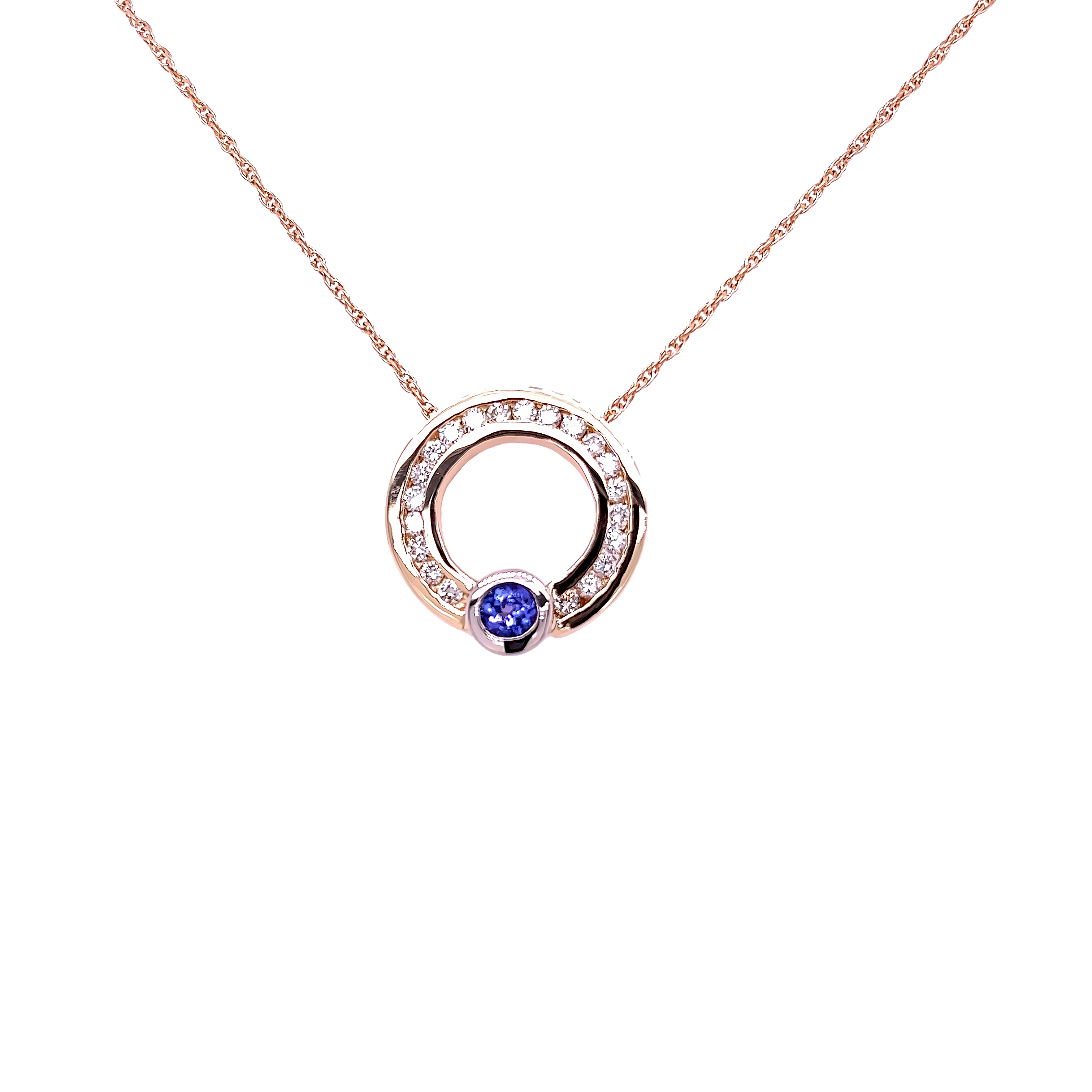 Yellow 14 Karat Pendant with one 5.00mm Round Tanzanite &  21=0.75tw Round Brilliant G SI Diamonds