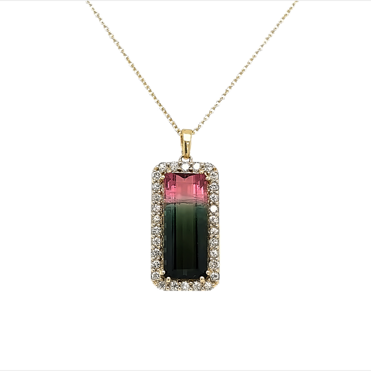 Yellow 14 Karat PinkTourmaline Pendant With One 5.28Ct Emerald Cut Pink Tourmaline And 30= Round Brilliant G SI Diamonds