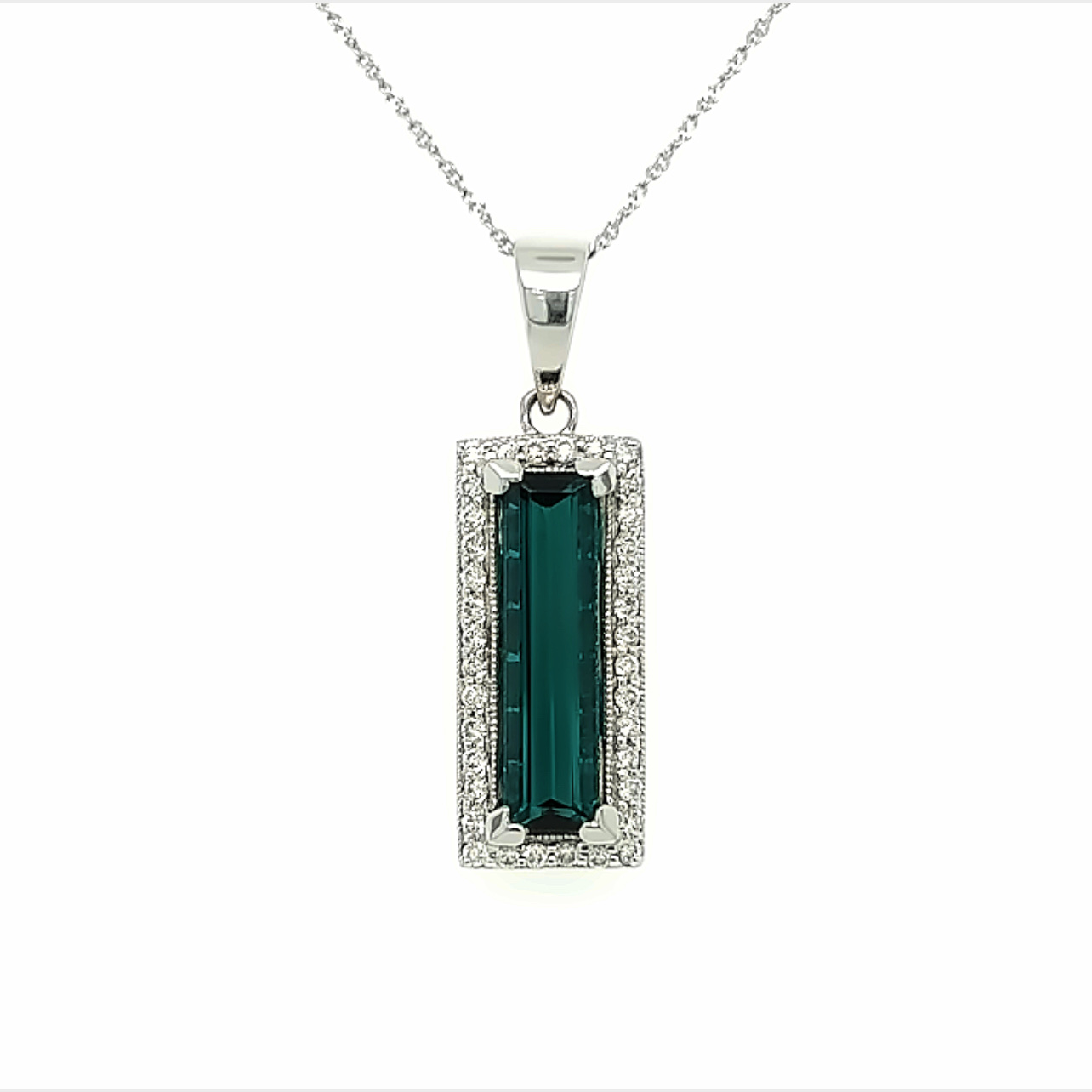 White 14 Karat Green Tourmaline Pendant With One 2.56Ct Retangular CushionTourmaline And 36=0.30Tw Round Brilliant G SI Diamonds