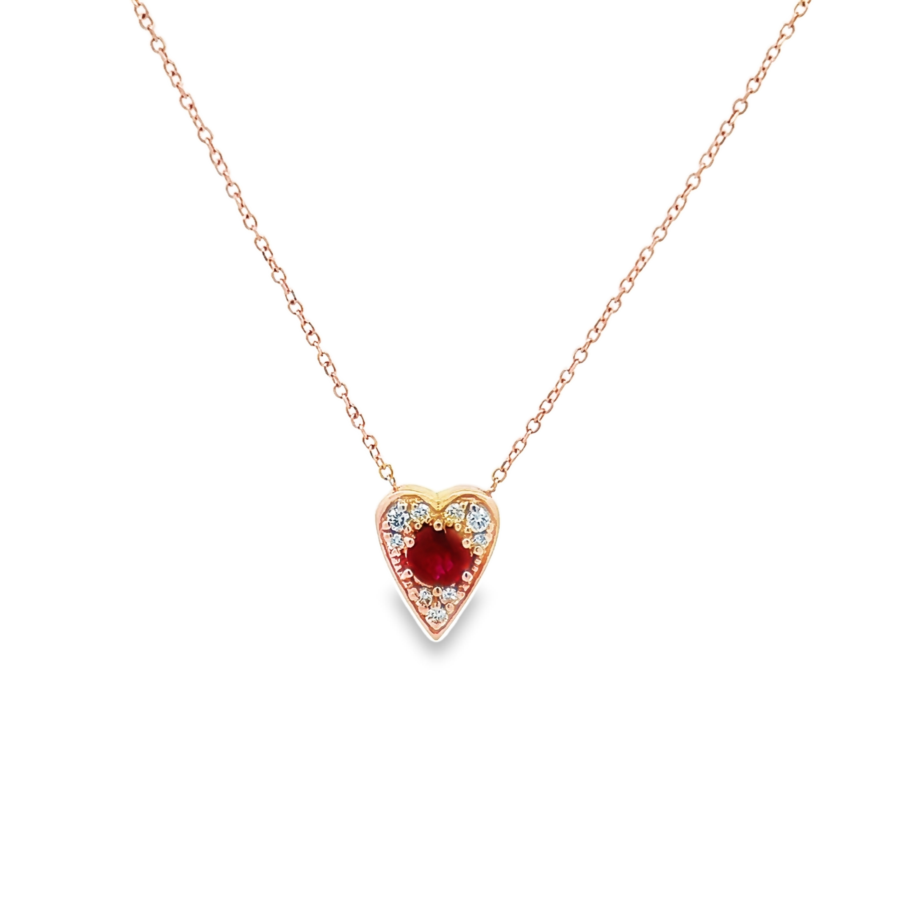 14k Rose Gold Heart Ruby And Diamond Necklace