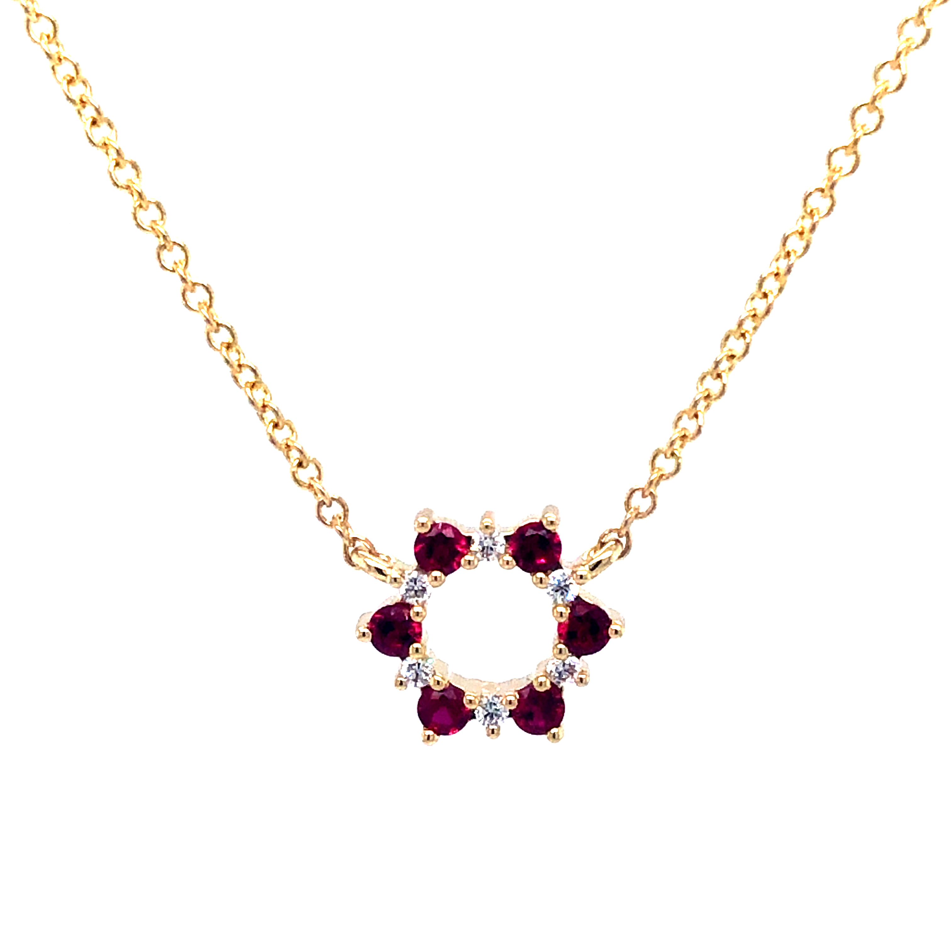 14 Karat Yellow Gold Circle Pendant With 6=0.27TW Round Rubies And 6=0.08TW Round Brilliant G VS Diamonds