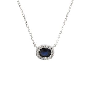 14 Karat white gold halo pendant with One 0.30Ct oval Sapphire and 16=0.03Tw single cut G I Diamonds