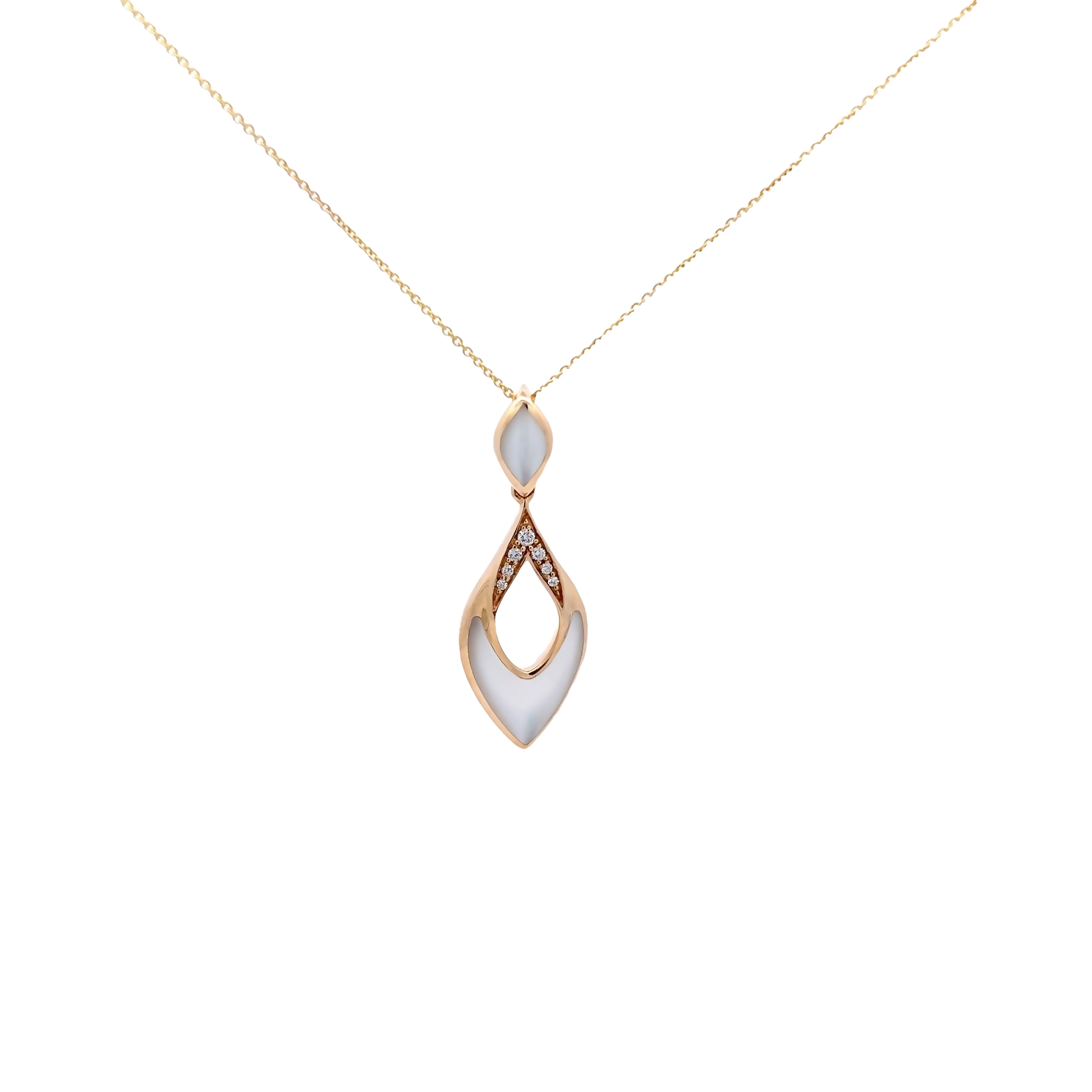 14 karat yellow gold pendant with 7=0.06 total weight round brilliant G VS Diamonds and white Mother of Pearl inlay