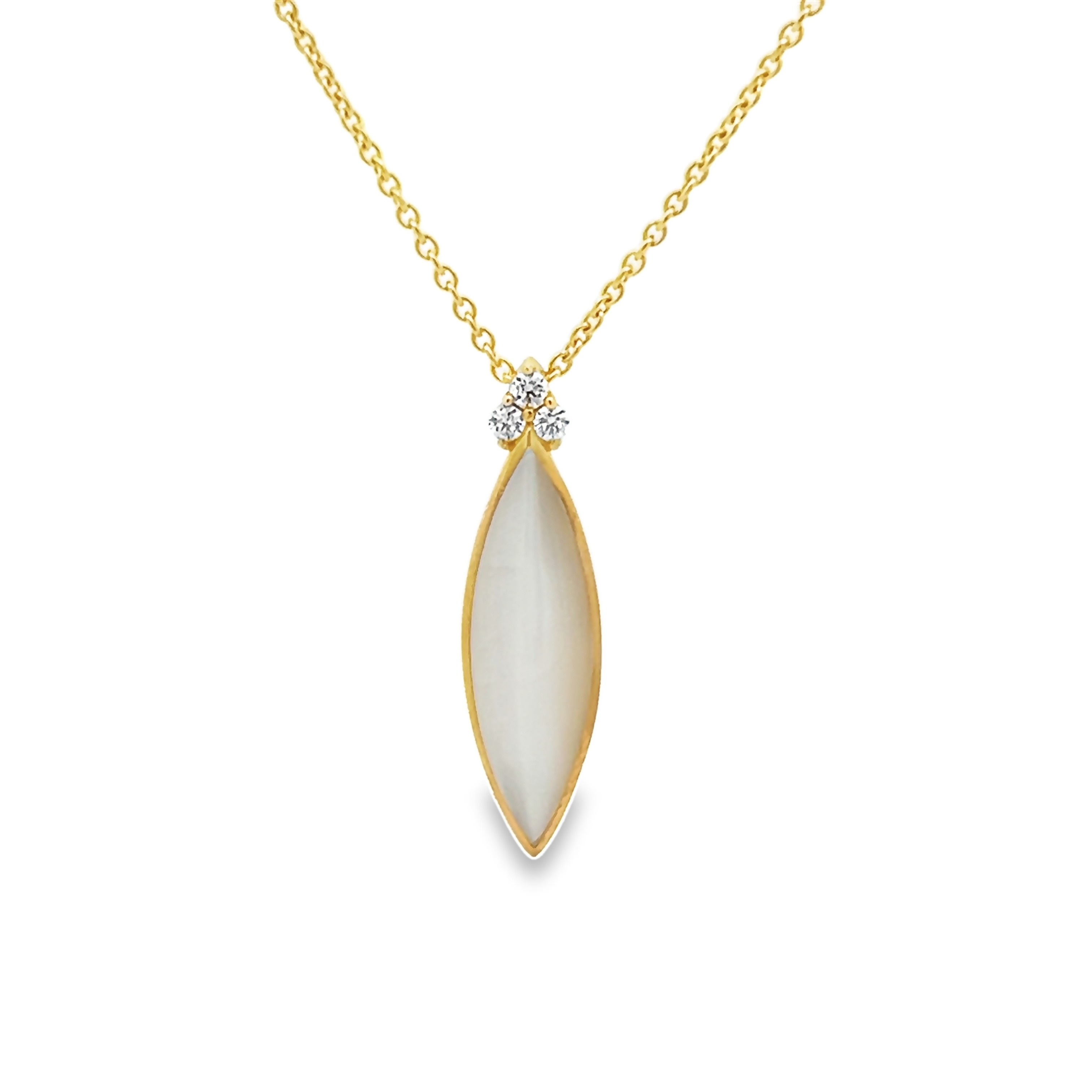 14 Karat yellow gold pendant with 3=0.06 total weight round brilliant G VS Diamonds and white Mother of Pearl Inlay.