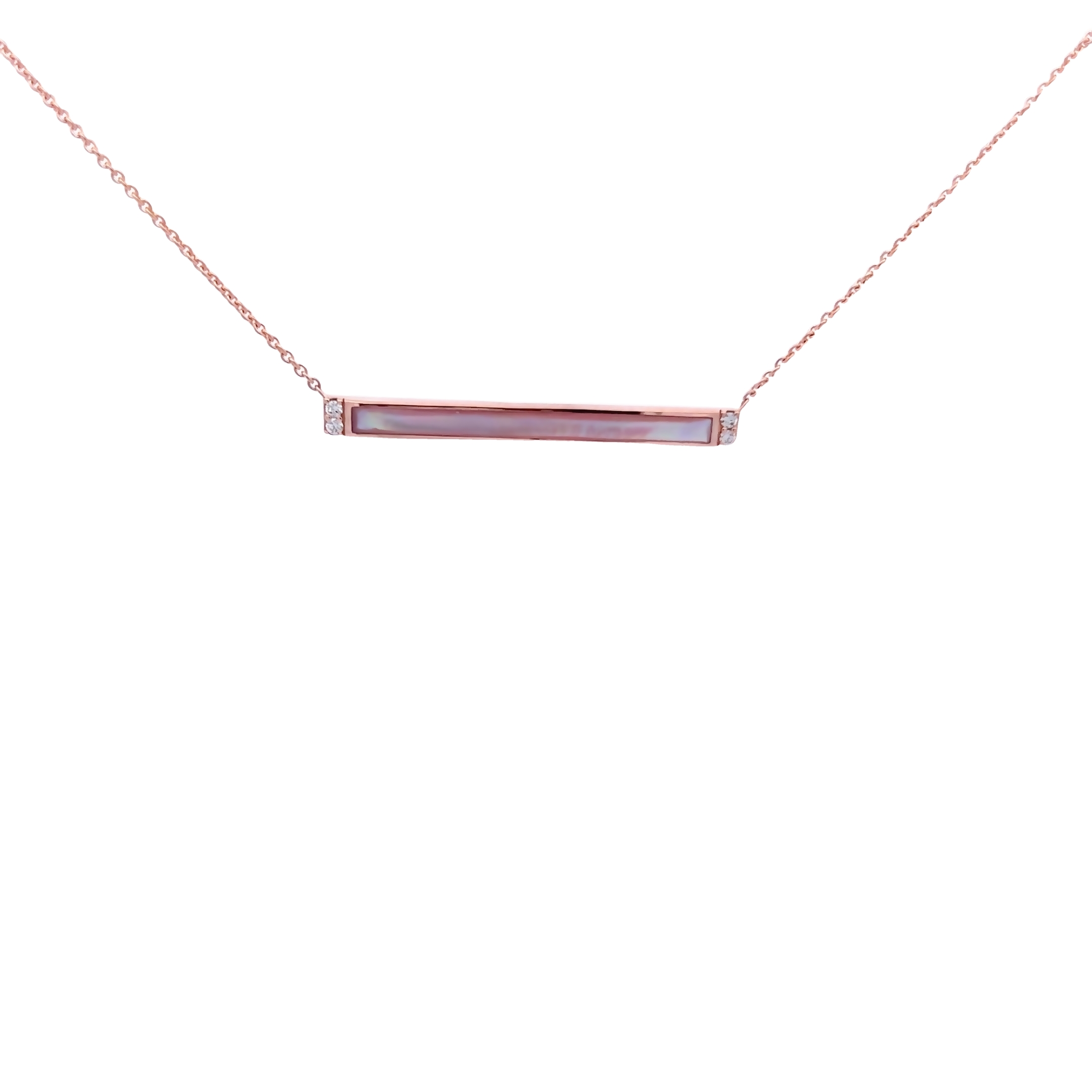 14 Karat rose gold bar pendants with 4=0.05 total weight round brilliant G VS Diamonds and pink Mother of Pearl inlay