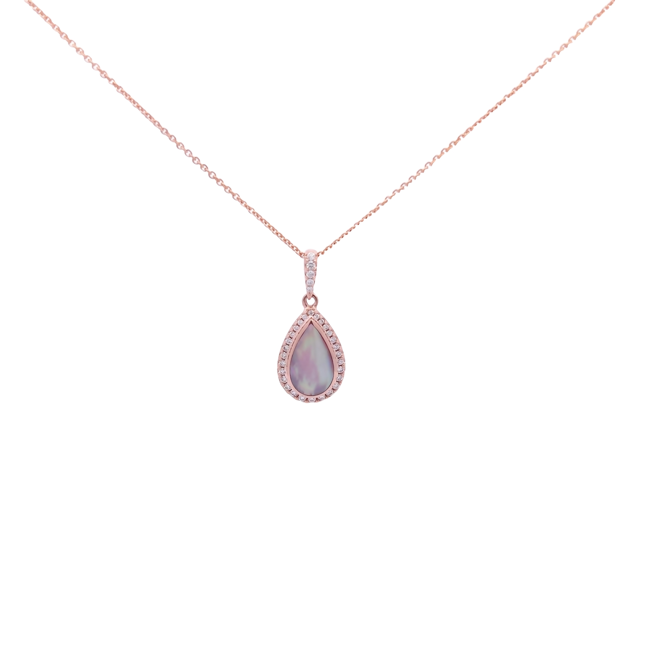 14 Karat rose gold halo pendant with 33=0.22 total weight round brilliant G VS Diamonds and pink Mother of Pearl inlay