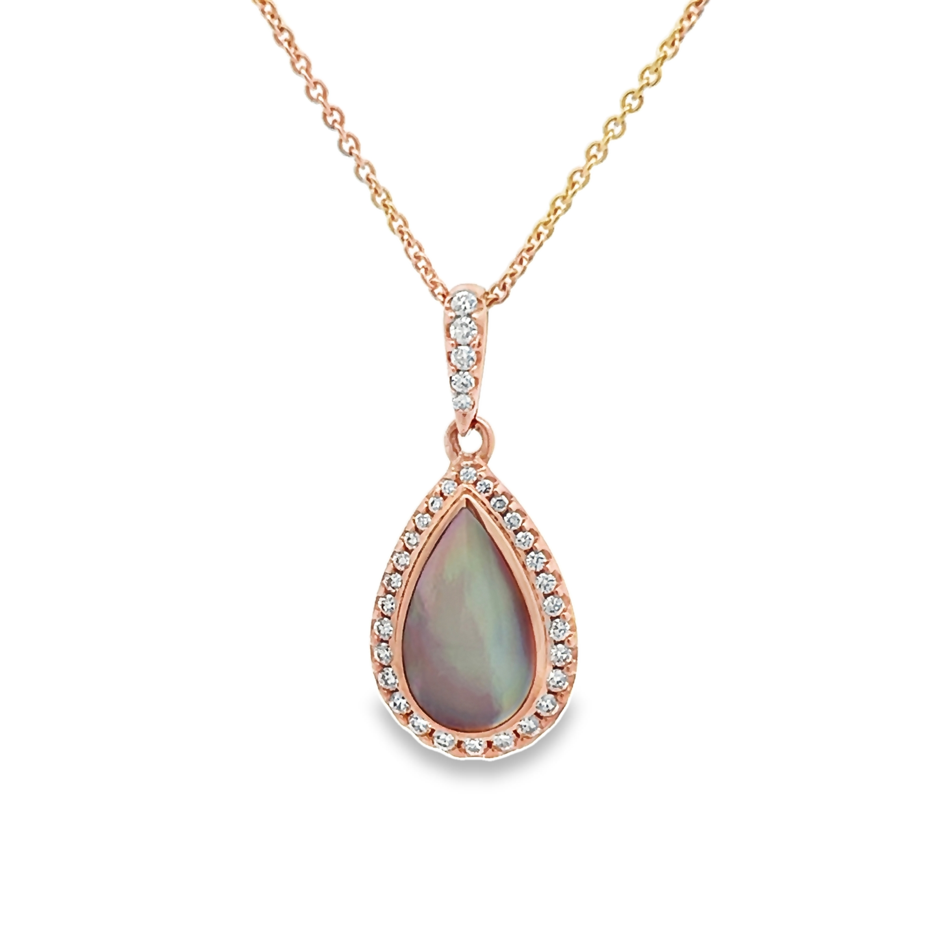 14 Karat rose gold halo pendant with 33=0.22 total weight round brilliant G VS Diamonds and pink Mother of Pearl inlay