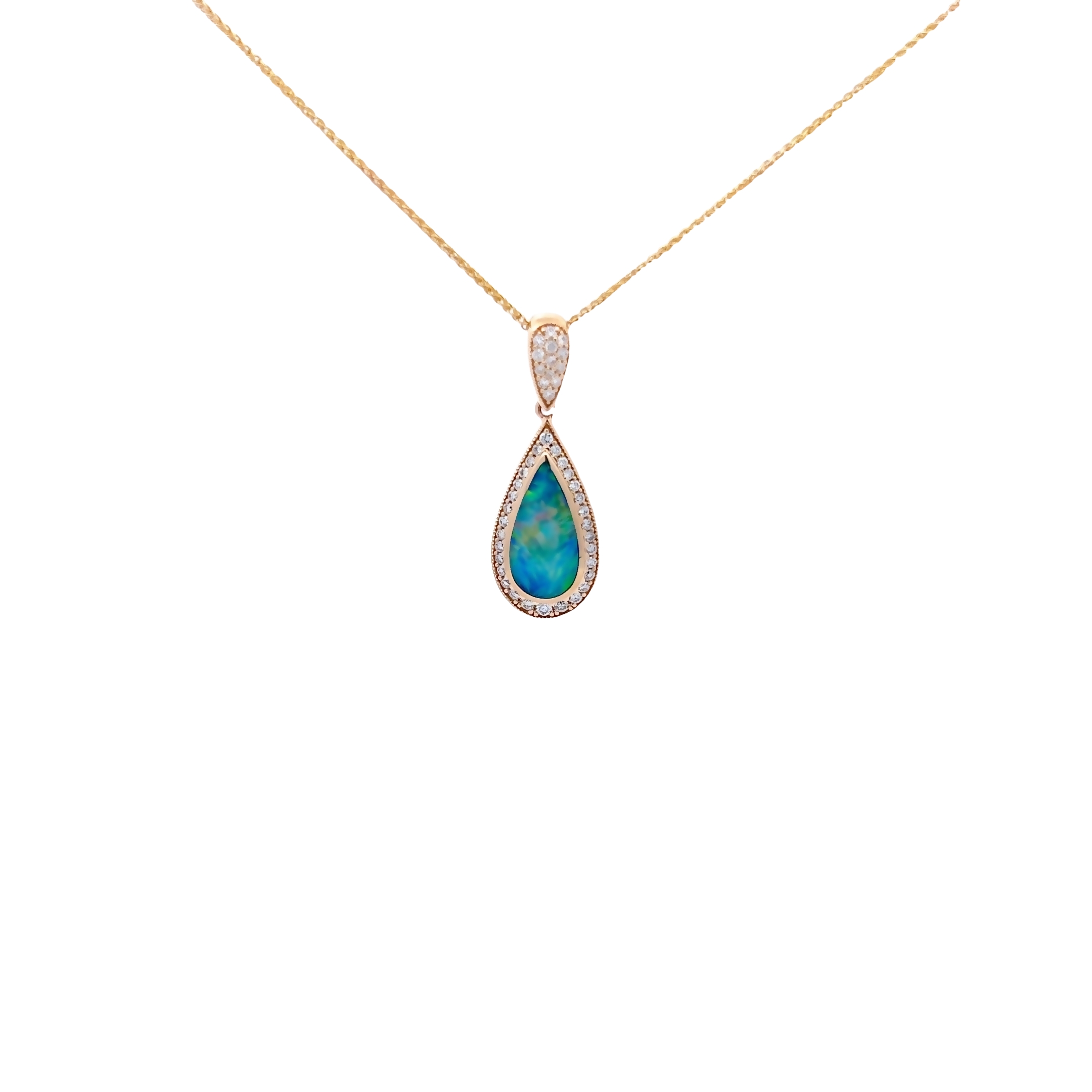 14 Karat yellow gold pendant with 43=0.27 total weight round brilliant G VS Diamonds and Australian Opal  inlay