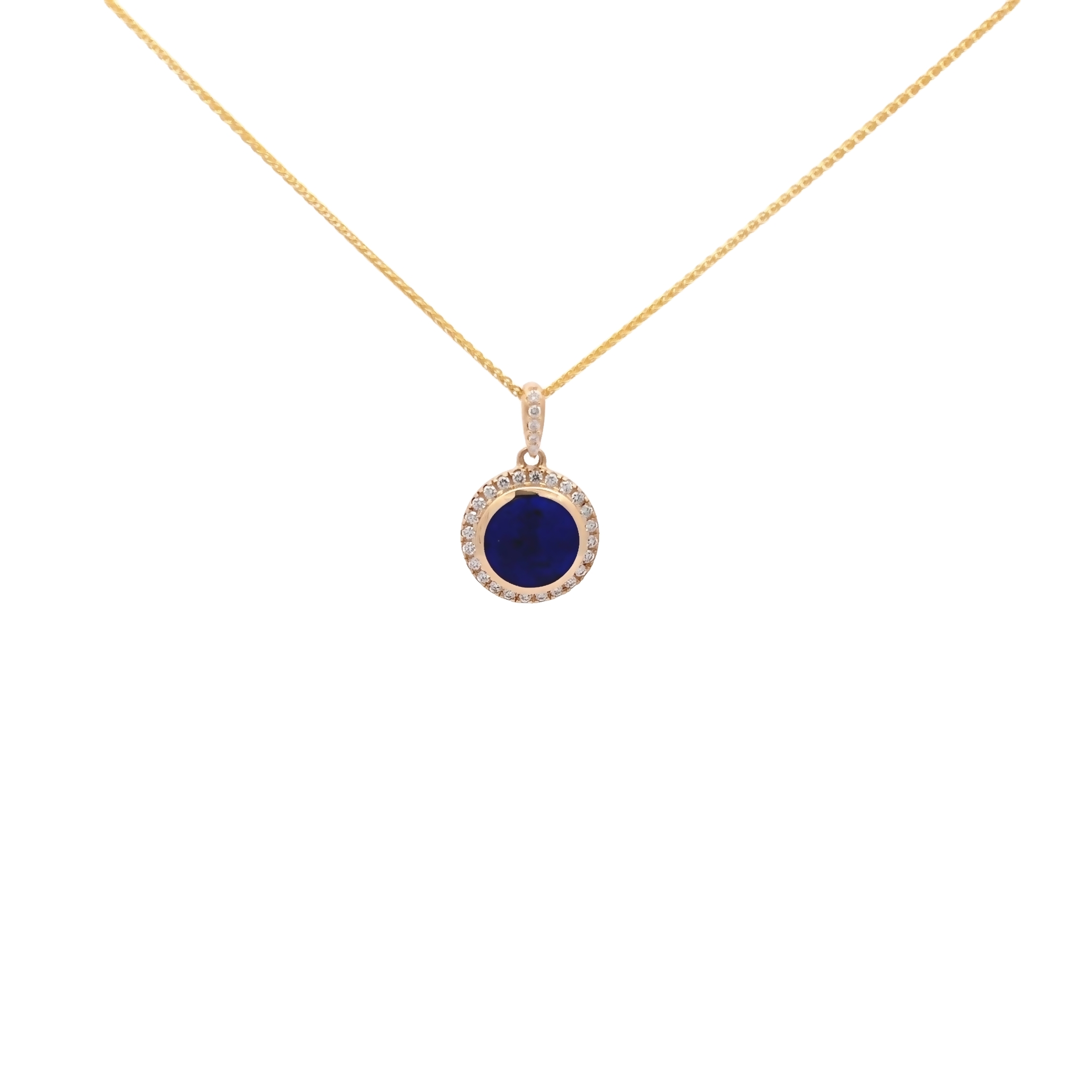 14 Karat yellow gold halo pendant with 29=0.21 total weight round brilliant G VS Diamonds and Lapis Inlay