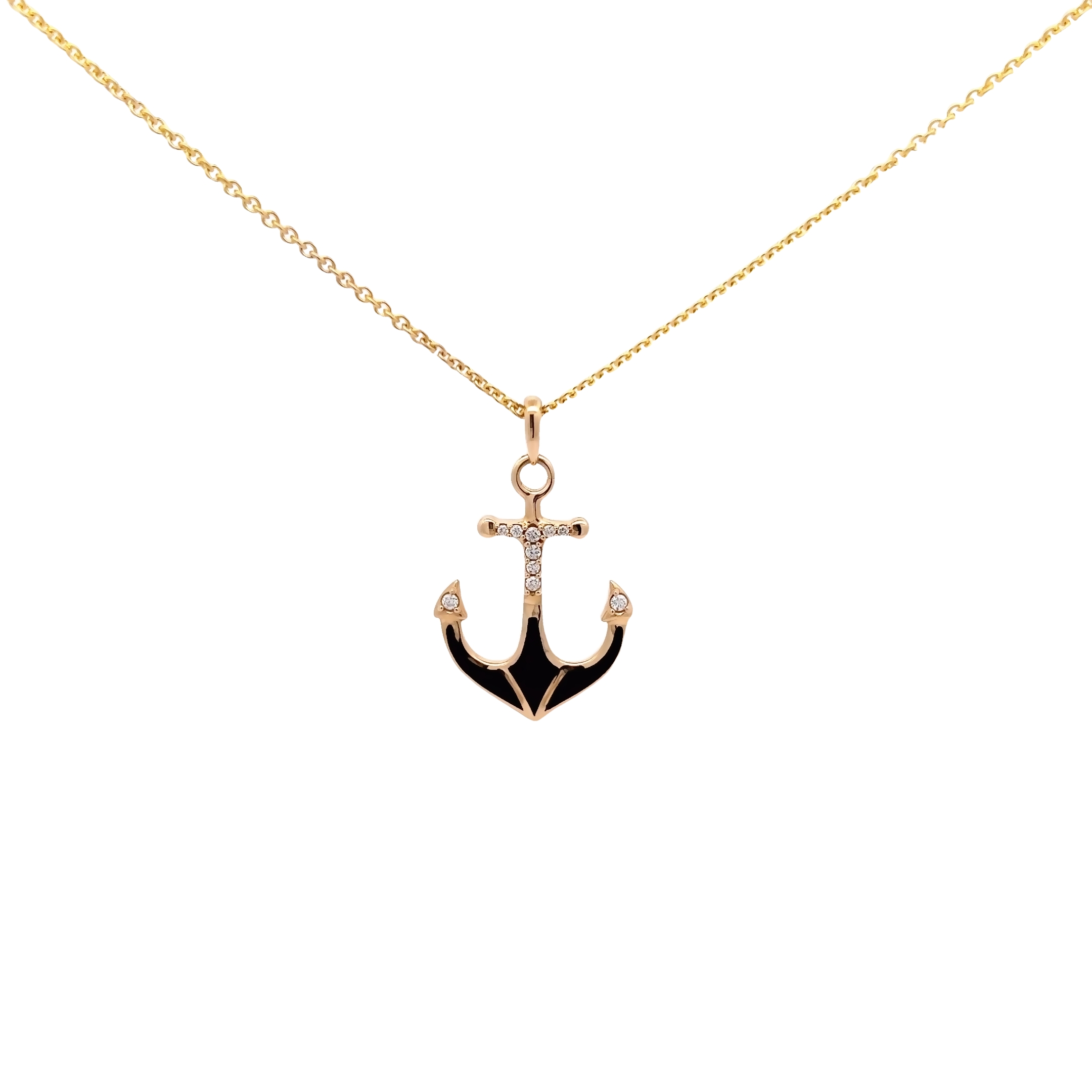14 Karat yellow gold anchor pendant with 10=0.09 total weight round brilliant G VS Diamonds and black Onyx inlay.