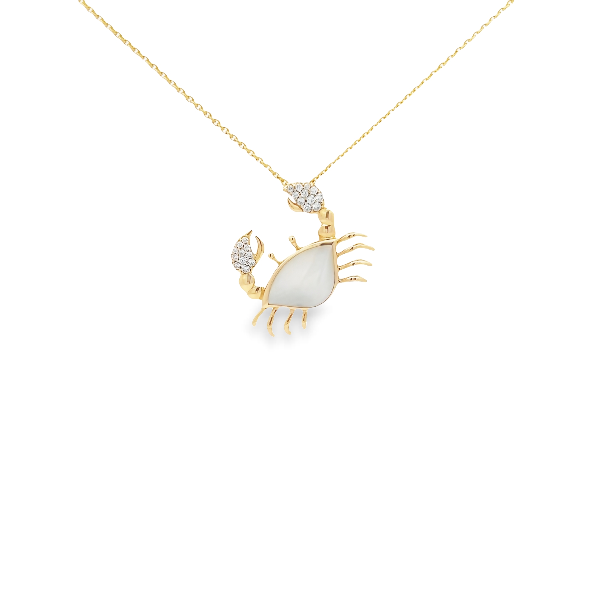 14 Karat Yellow Gold Crab Pendant With 22=0.21 Total Weight Round Brilliant G Vs Diamonds And White Mother Of Pearl Inlay.