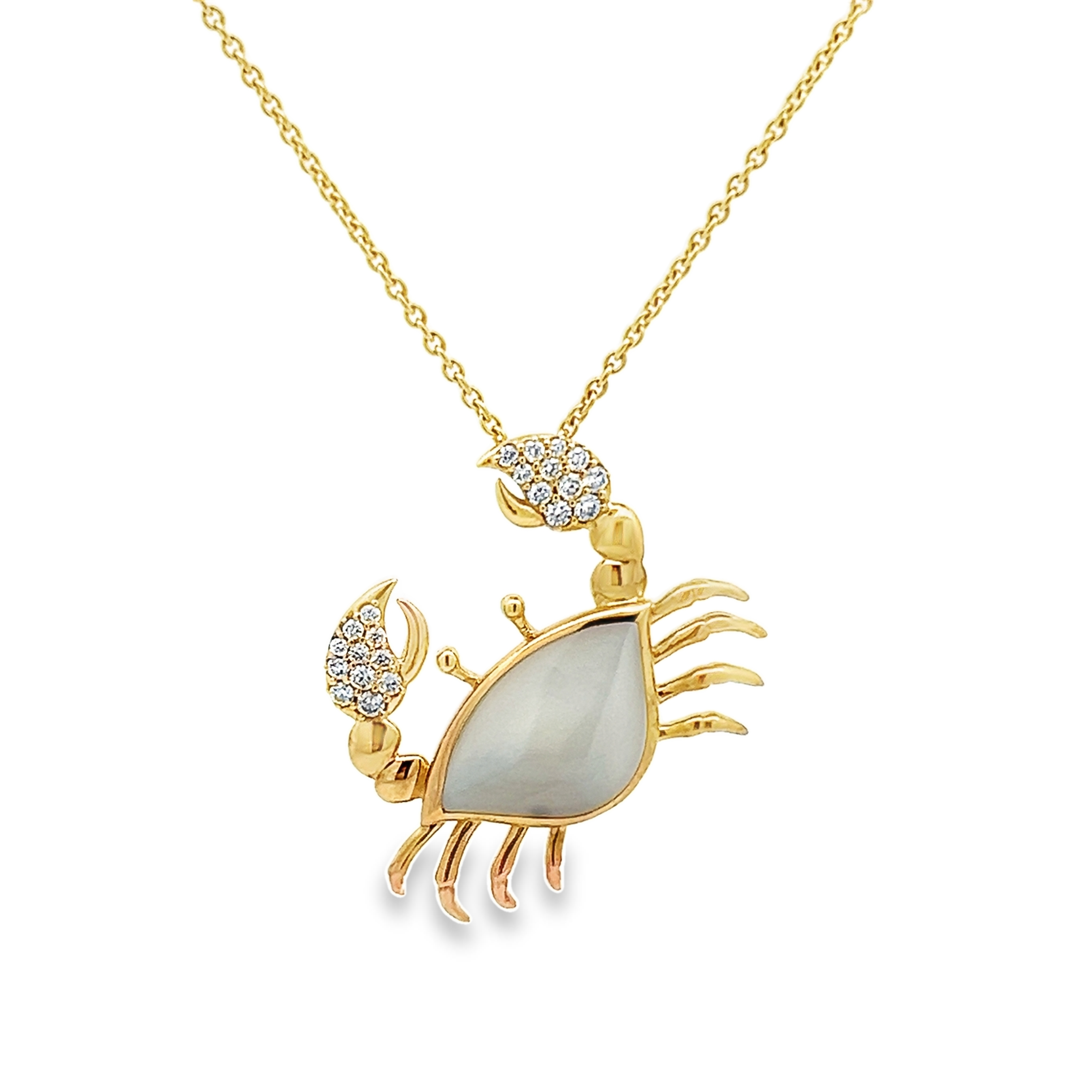 14 Karat Yellow Gold Crab Pendant With 22=0.21 Total Weight Round Brilliant G Vs Diamonds And White Mother Of Pearl Inlay.