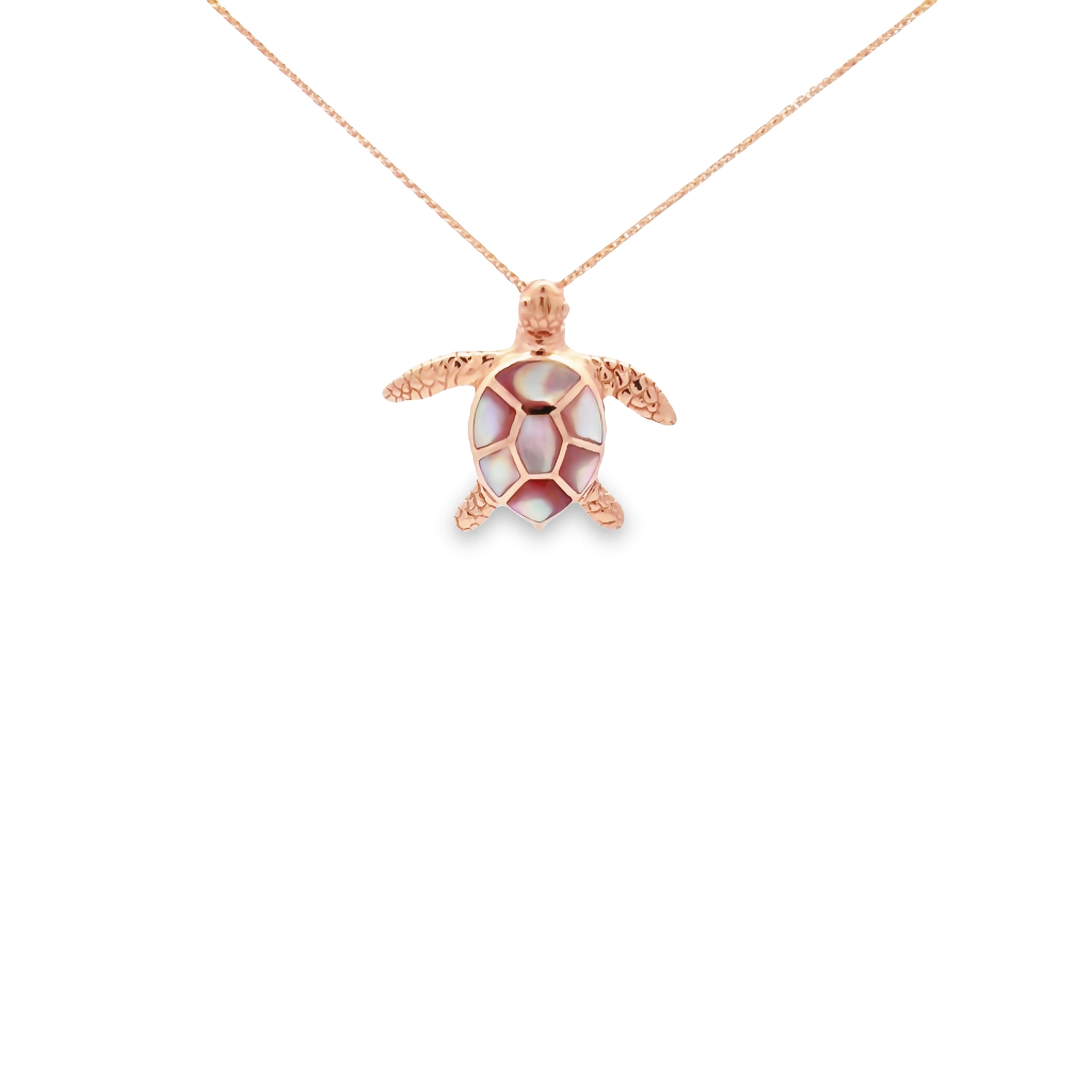 14 Karat Rose Gold Turtle Pendant With Pink Mother Of Pearl Inlay.