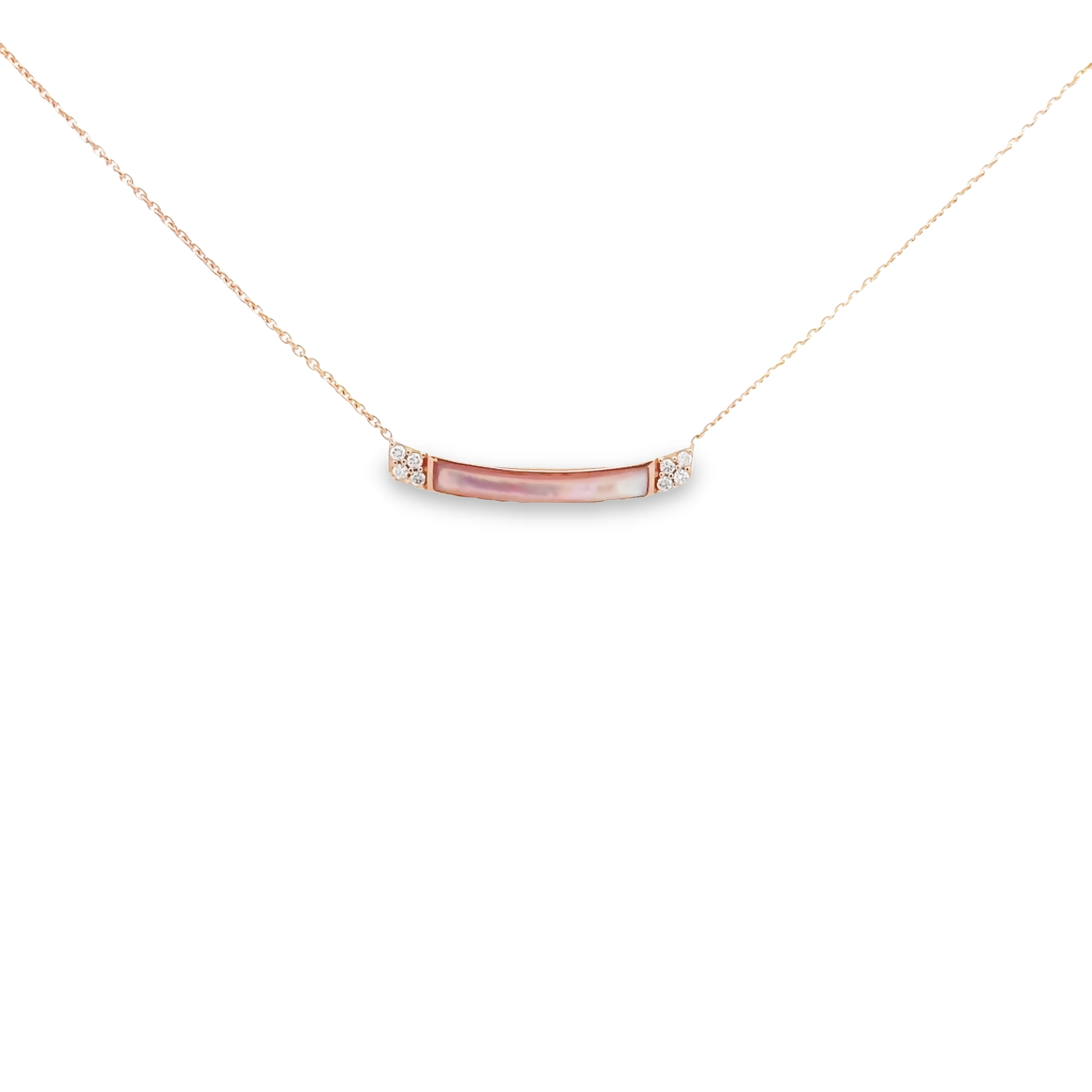 14 Karat Rose Gold Bar Pendants With 4=0.09 Total Weight Round Brilliant G Vs Diamonds And Pink Mother Of Pearl Inlay.