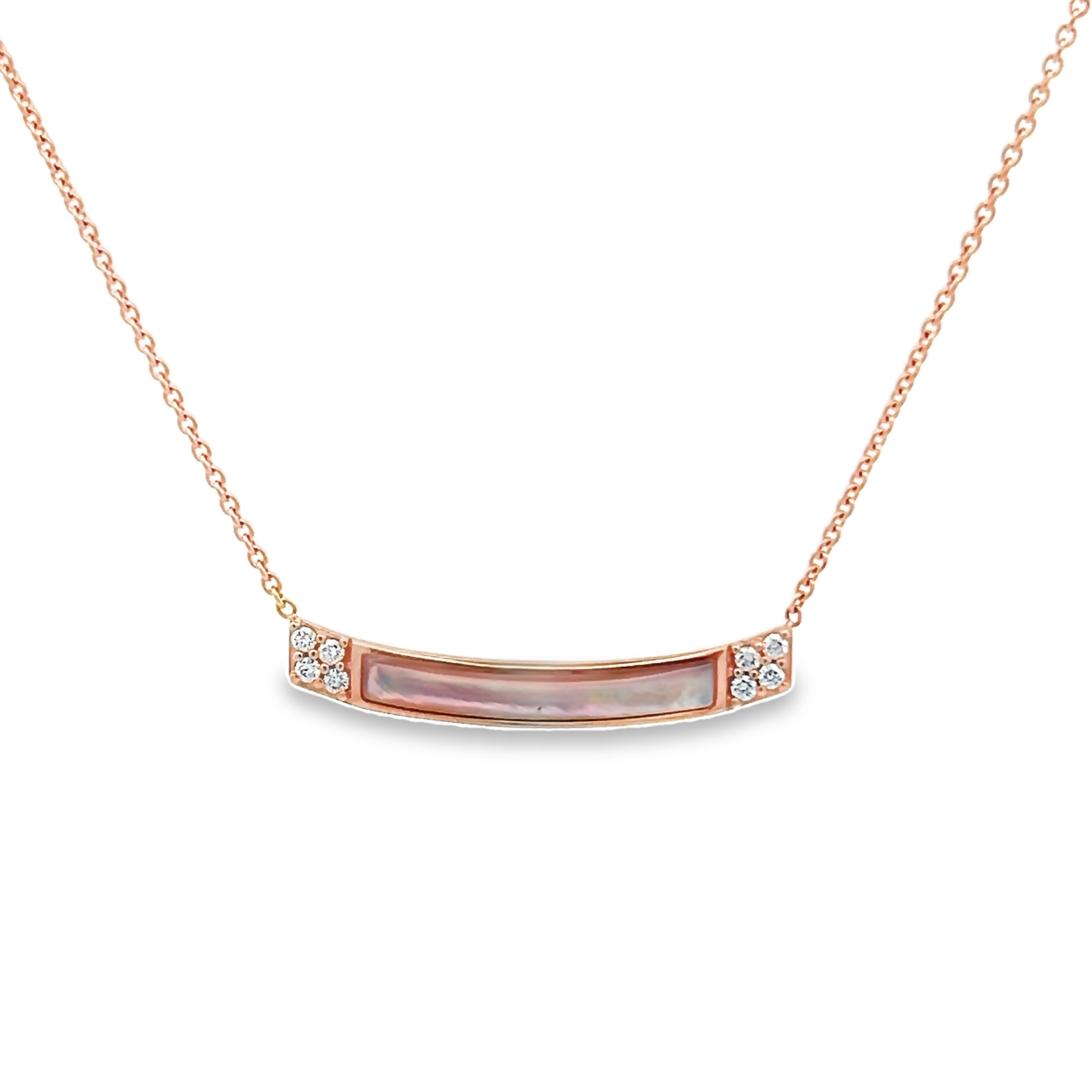 14 Karat Rose Gold Bar Pendants With 4=0.09 Total Weight Round Brilliant G Vs Diamonds And Pink Mother Of Pearl Inlay.