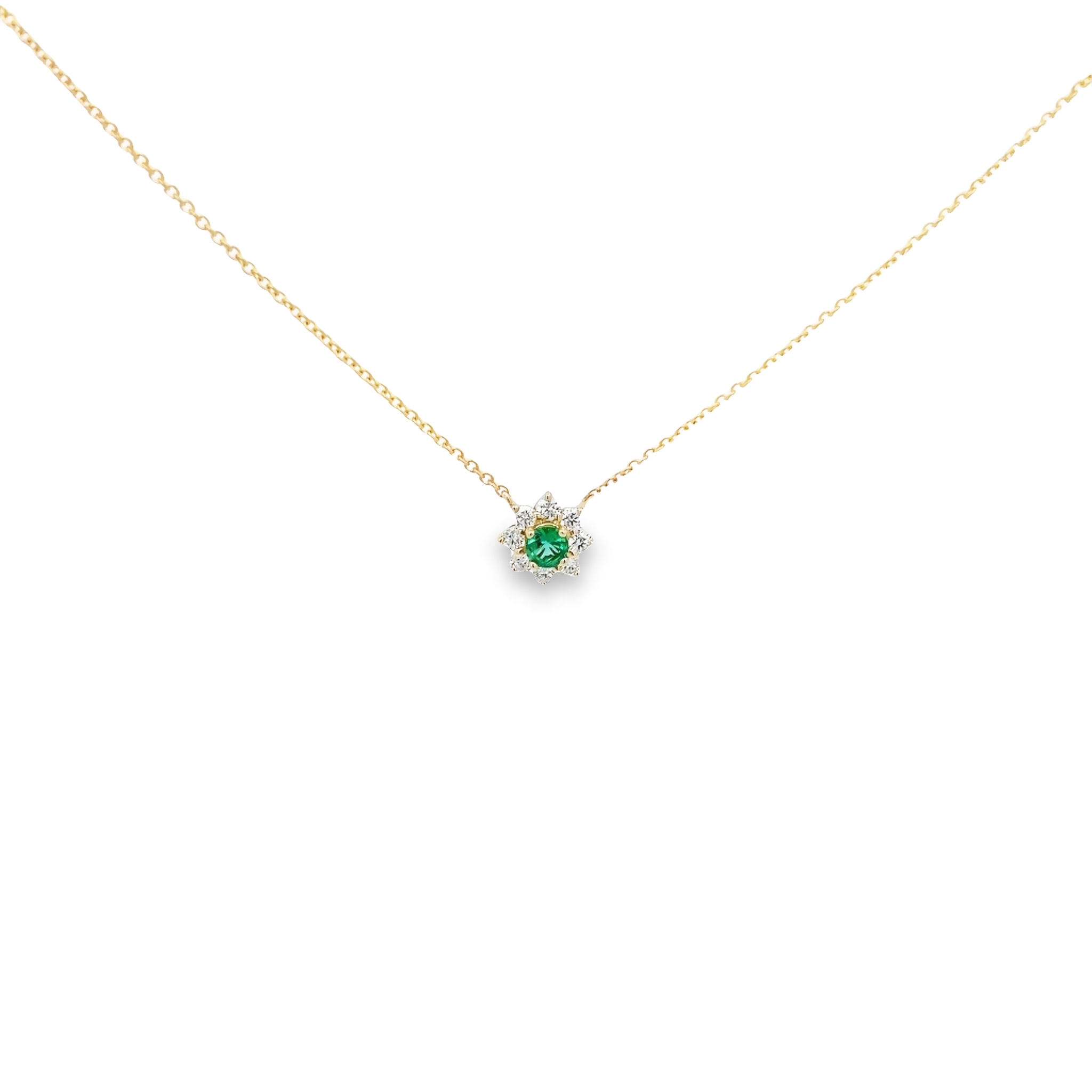14 Karat yellow gold pendant with One 0.25Ct round mixed cut Emerald and 8=0.37 total weight round brilliant G VS Diamonds