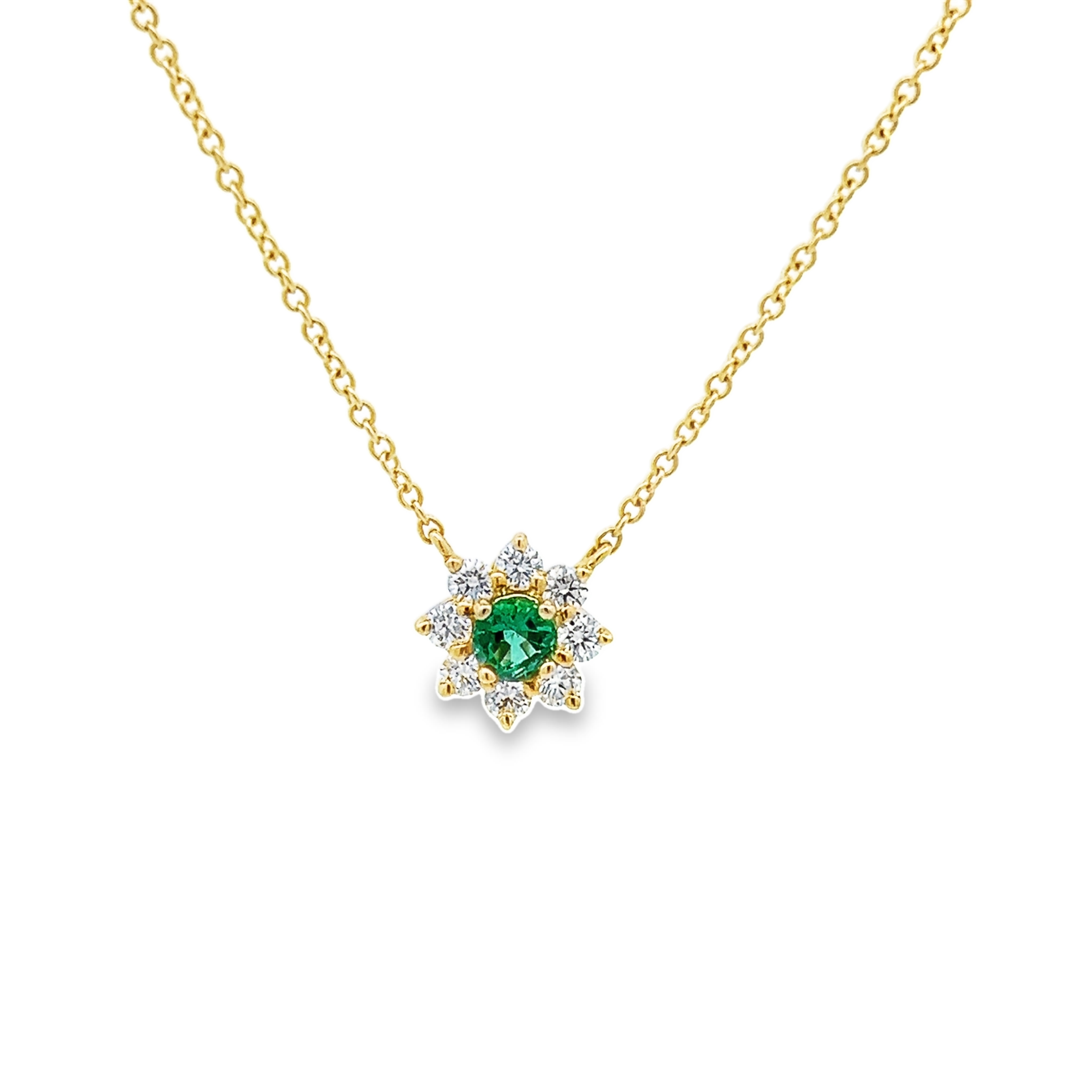 14 Karat Yellow Gold Pendant With One 0.25ct Round Mixed Cut Emerald And 8=0.37 Total Weight Round Brilliant G Vs Diamonds