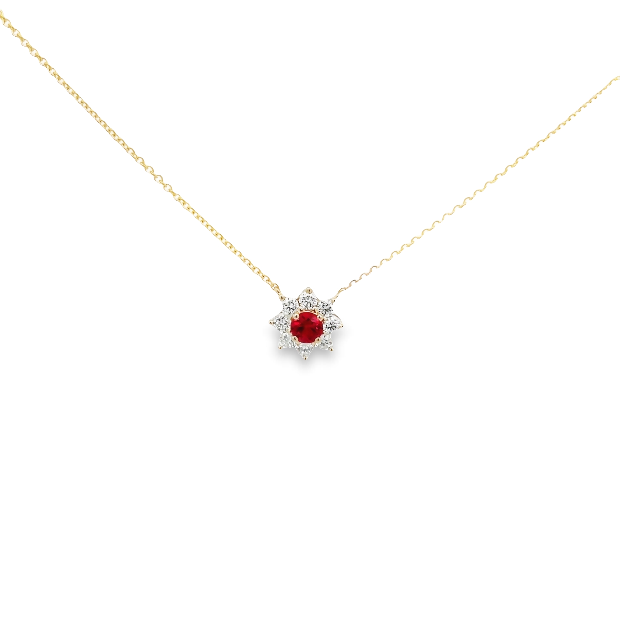 14 karat yellow gold pendant with one 0.48ct round mixed cut Ruby and 8=0.58 total weight round brilliant G VS Diamonds