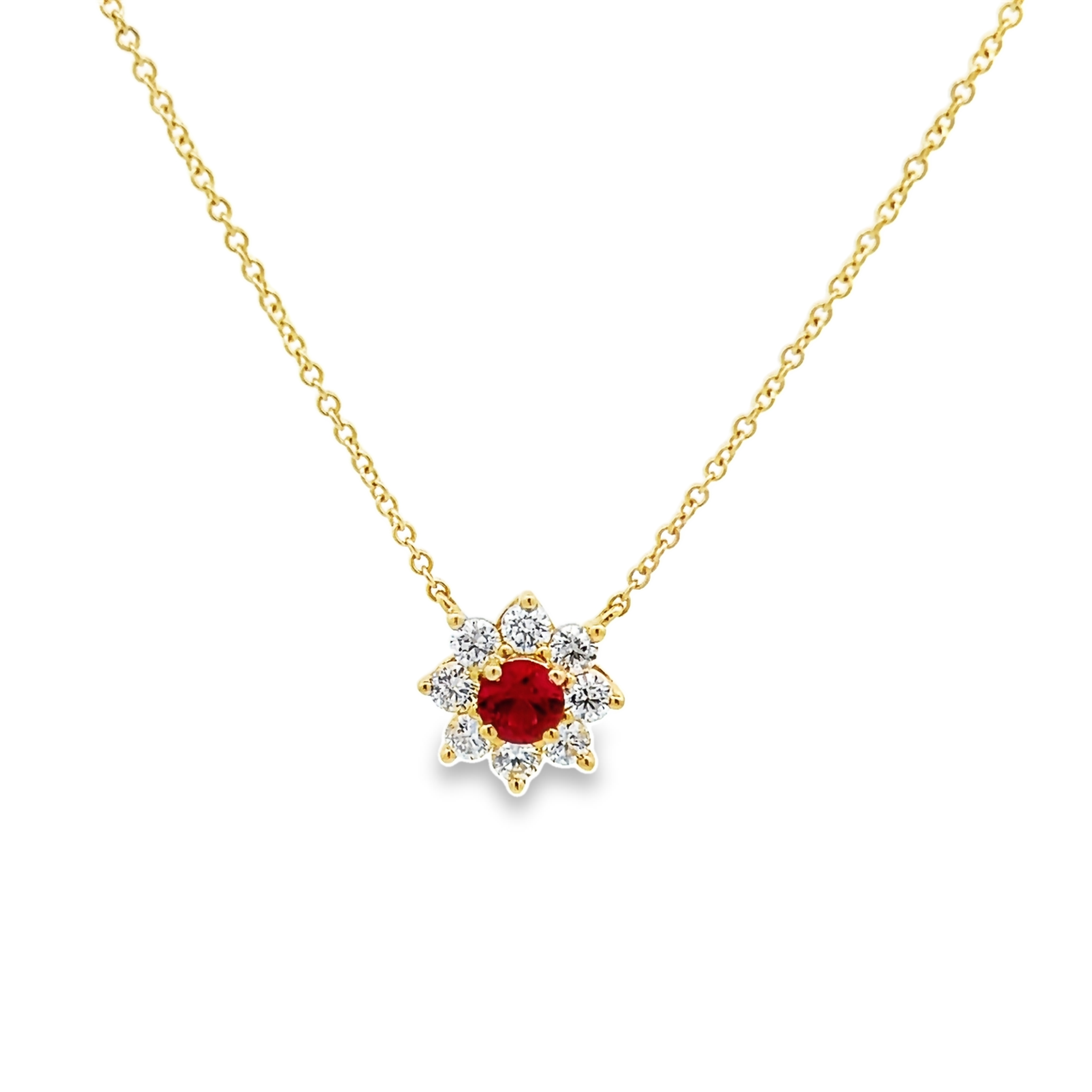 14 Karat Yellow Gold Pendant With One 0.48ct Round Mixed Cut Ruby And 8=0.58 Total Weight Round Brilliant G Vs Diamonds